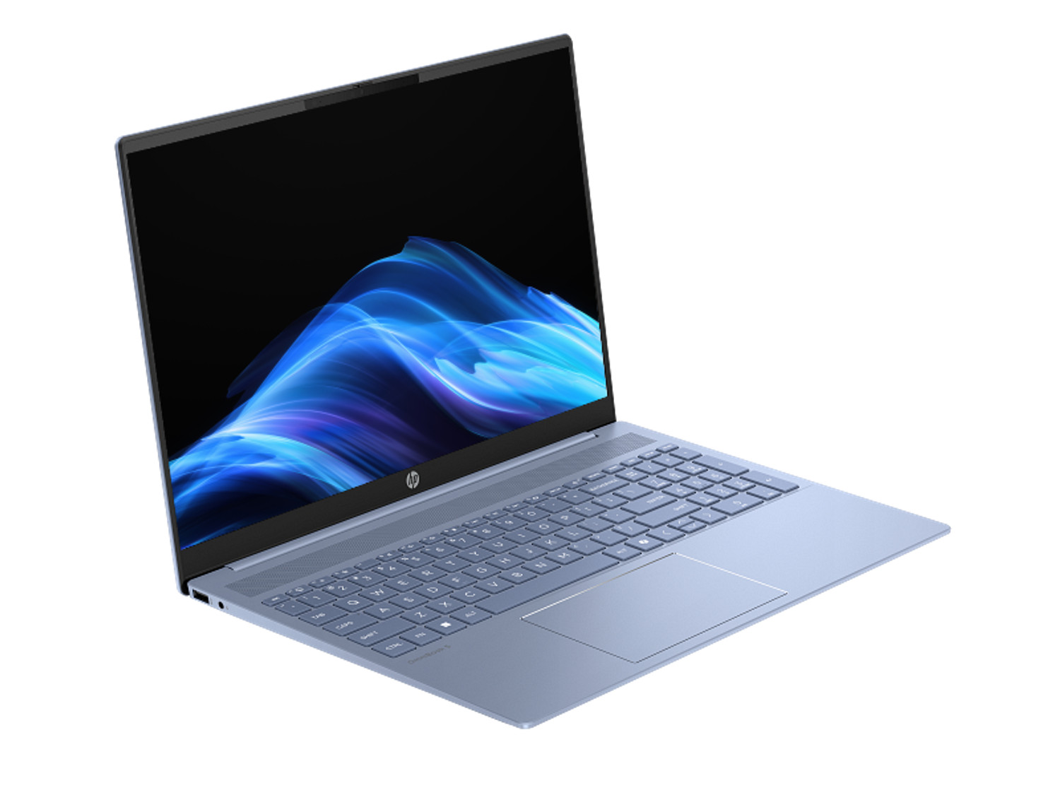 Otwarty niebieski laptop z abstrakcyjnym niebieskim tłem na ekranie.