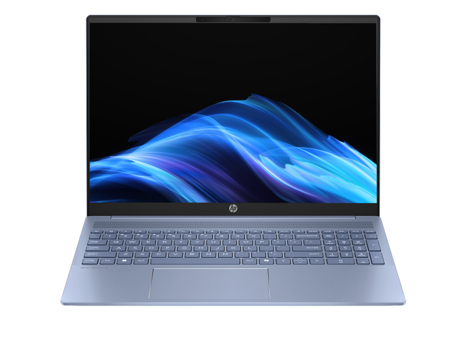 Jasnoniebieski laptop HP wyświetlający abstrakcyjny wzór niebieskich fal na ekranie.