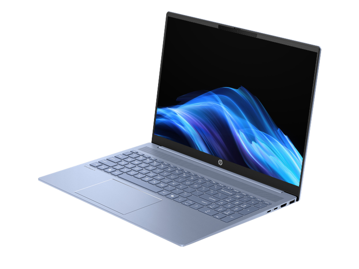 Jasnoniebieski laptop HP z żywą niebieską tapetą abstrakcyjną na ekranie.