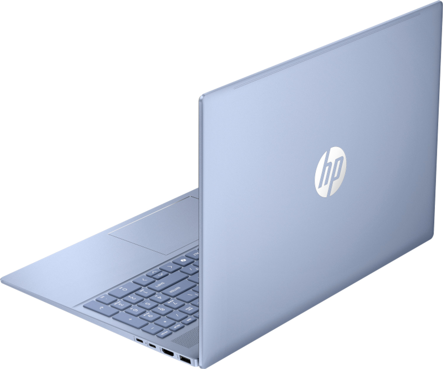Jasnoniebieski laptop HP z klawiaturą i touchpadem, pokazany od tyłu.