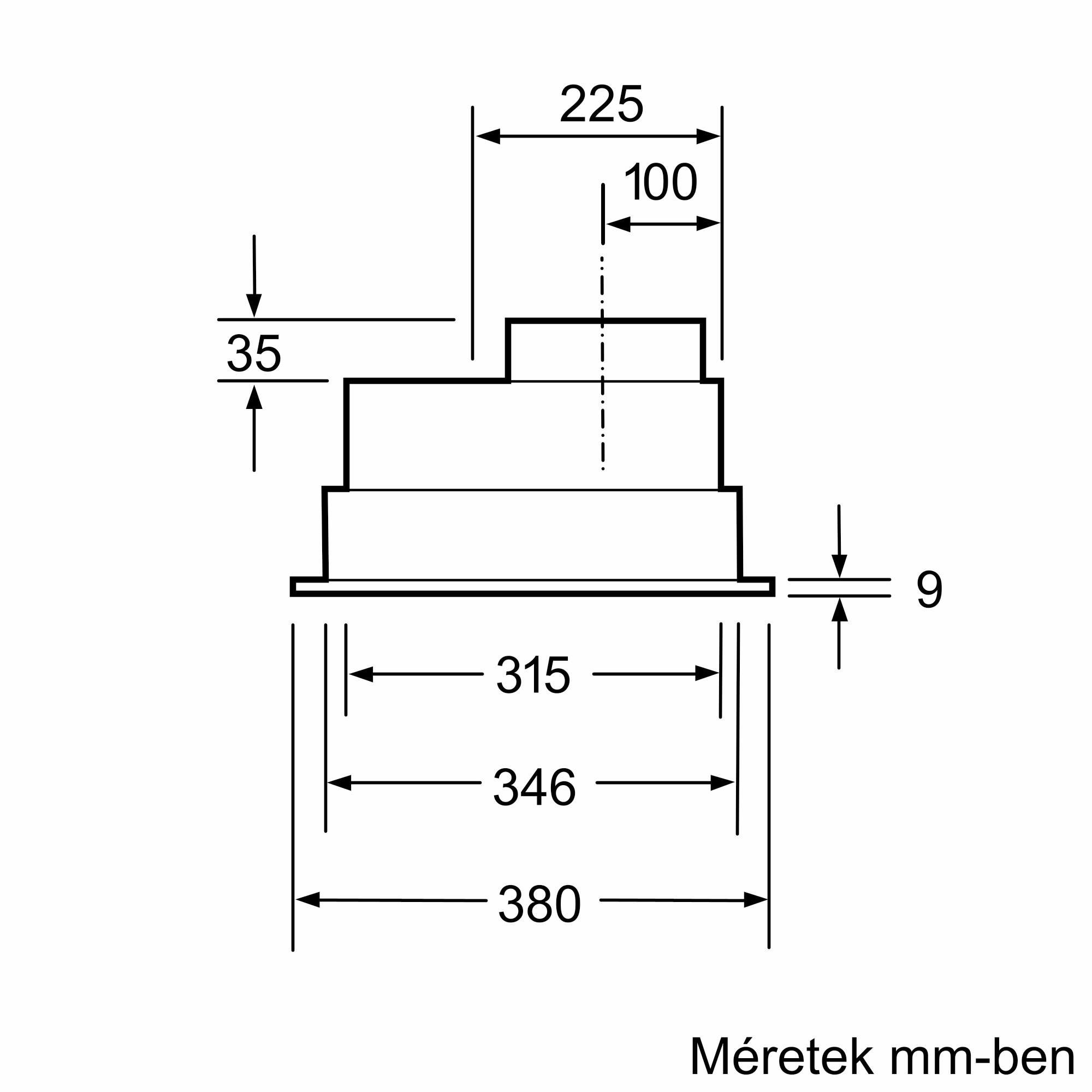 Műszaki rajz méretekkel mm-ben.