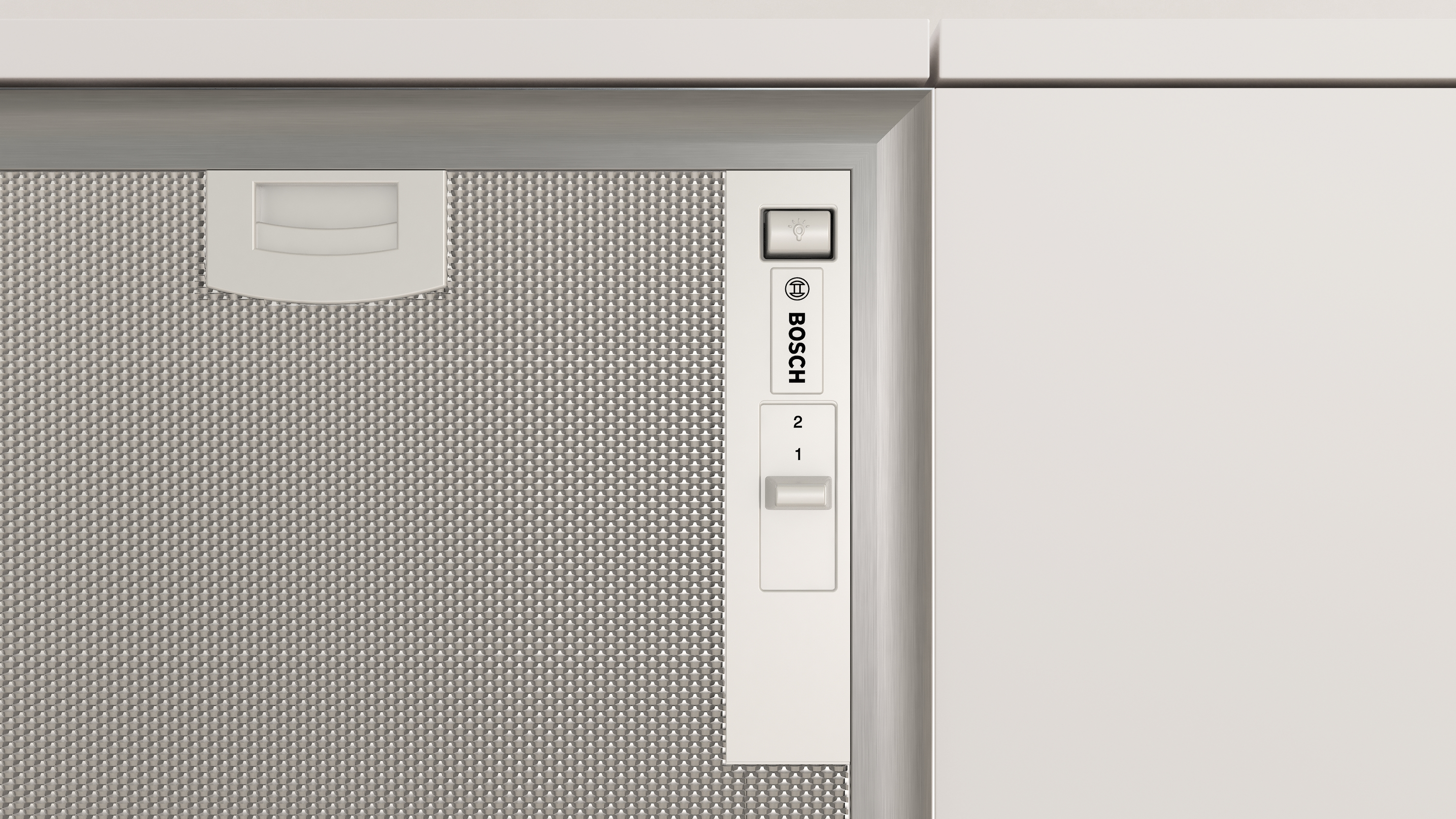 Páraelszívó vezérlőpanel Bosch logóval, fény- és ventilátorvezérlőkkel.