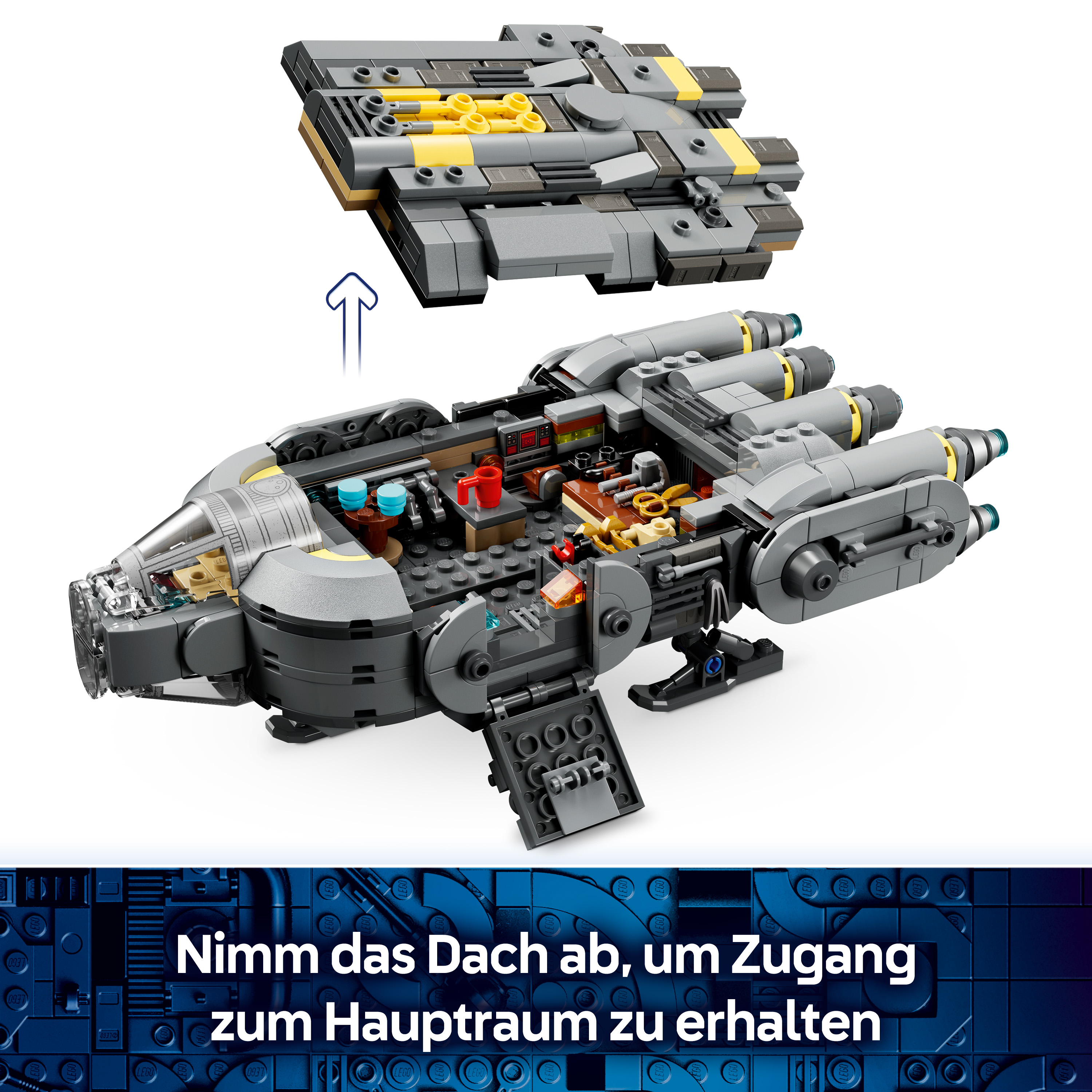 Graues Raumschiff-Modell mit abgenommenem Dach, das den Innenraum zeigt.