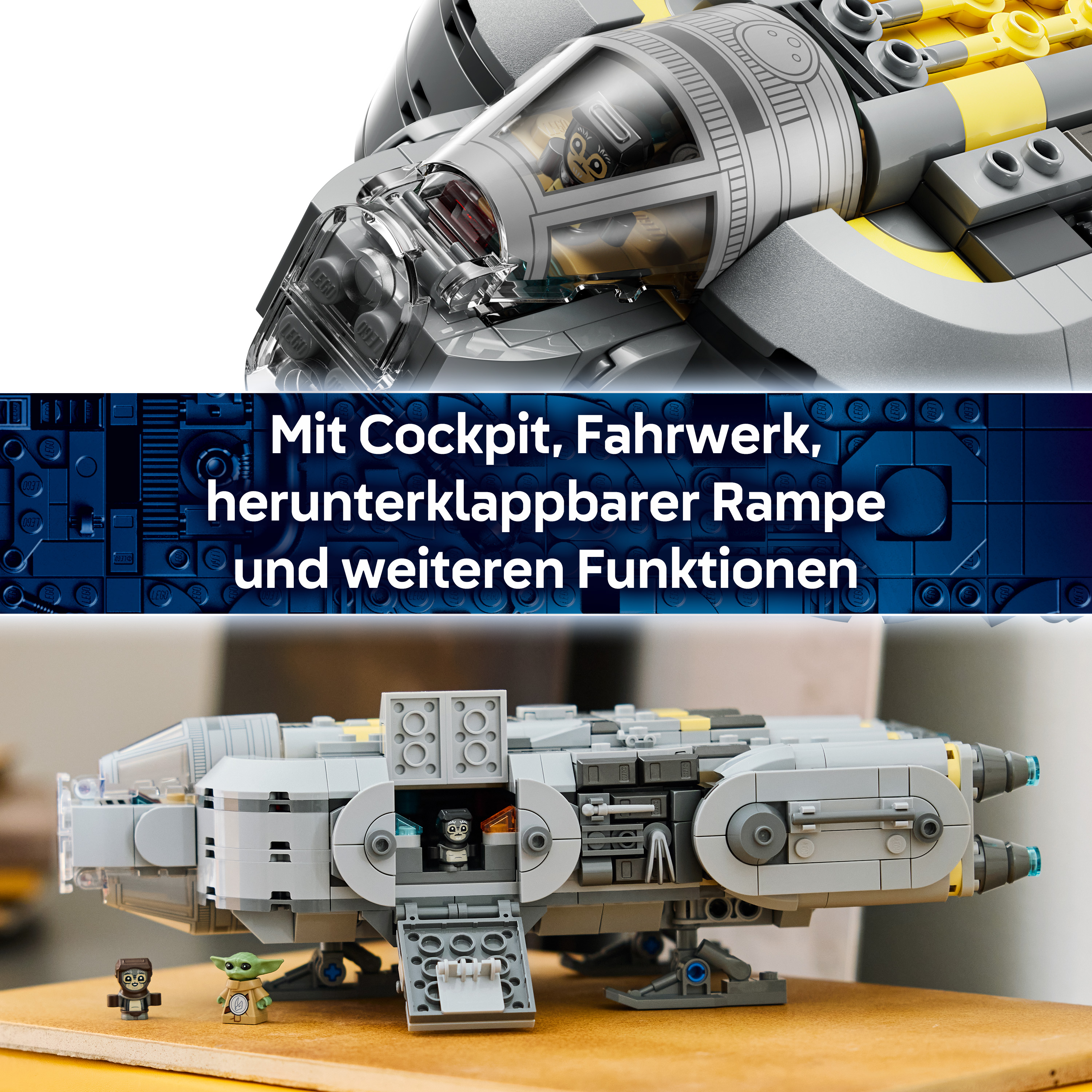 Graues Lego-Raumschiff mit Figuren und detaillierter Cockpitansicht.