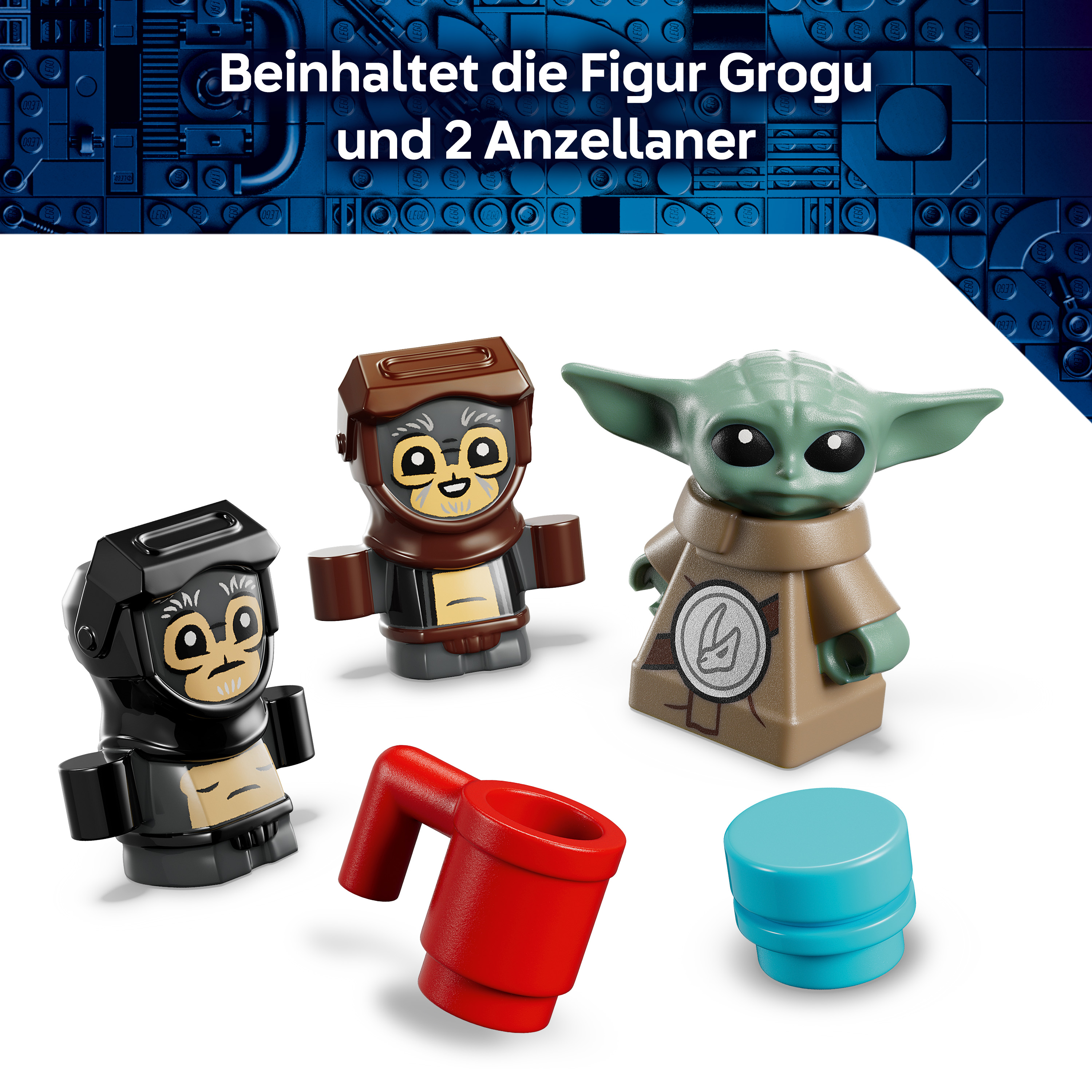 Drei Lego-Figuren: Grogu und zwei Affenartige, mit roten und blauen Zubehörteilen.