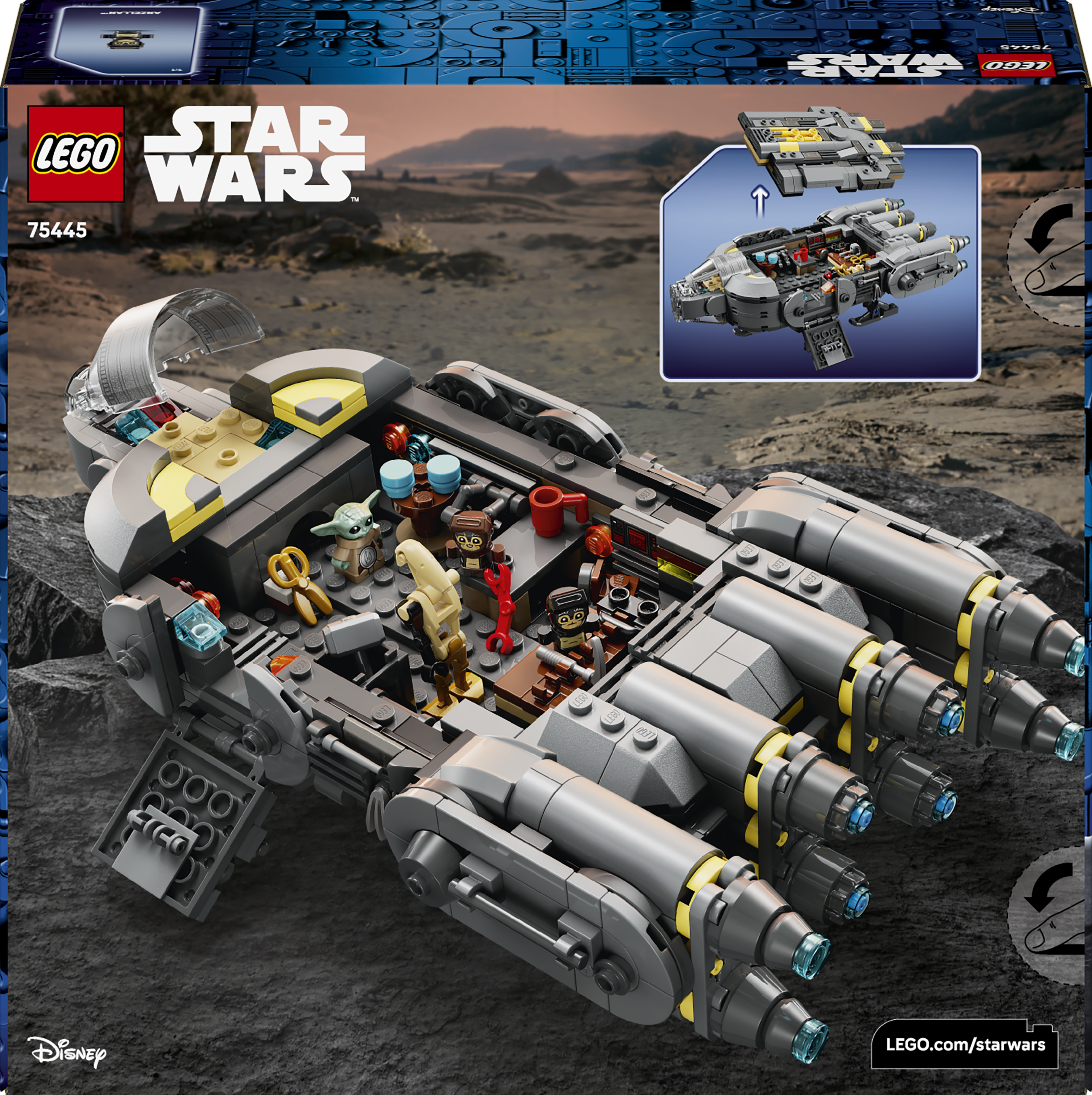 Statek Lego Star Wars z figurkami na skalistym terenie. Opakowanie zabawki.