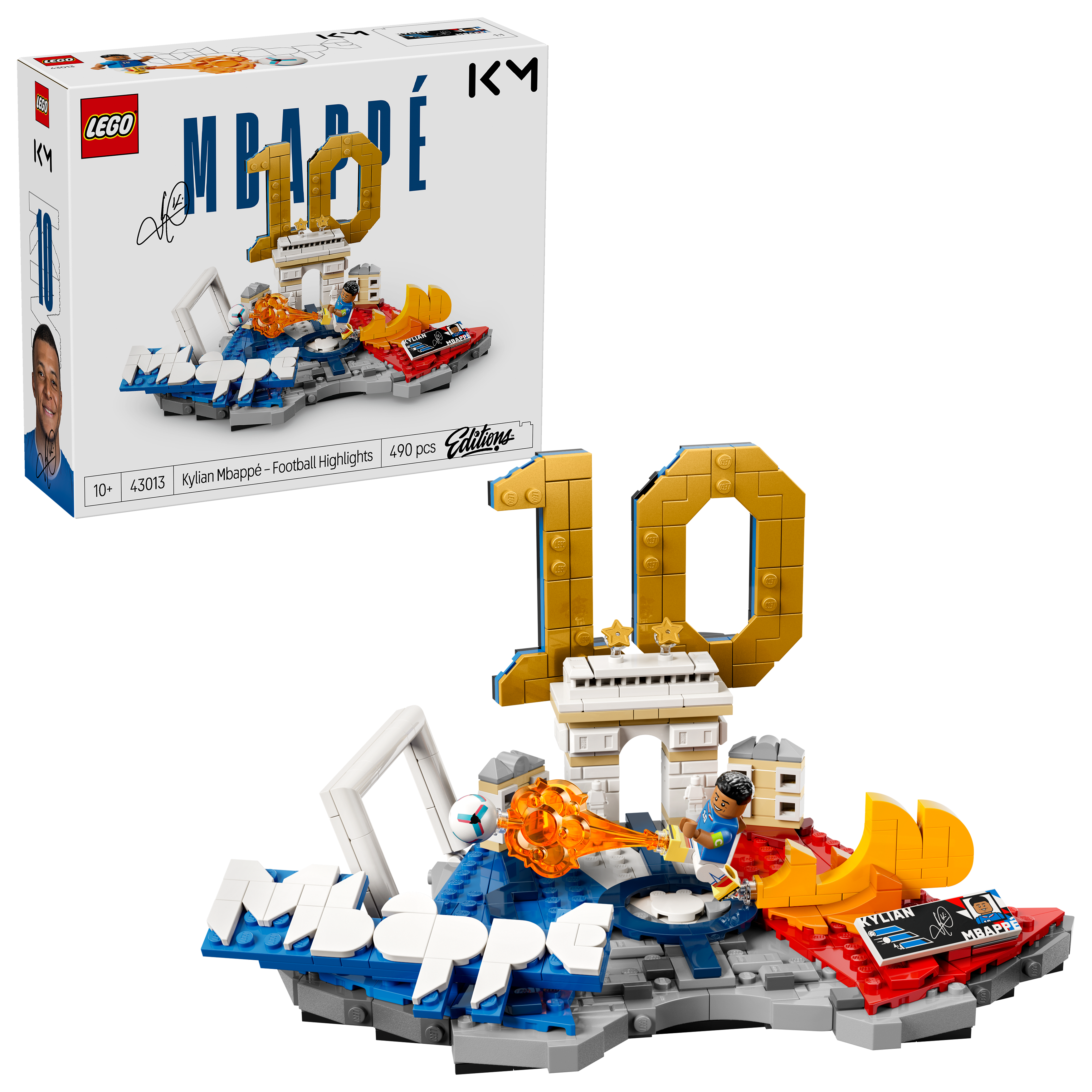 Zestaw LEGO z Kylianem Mbappé, bramką i motywem piłkarskim. Złota '10' i gracz w centrum.