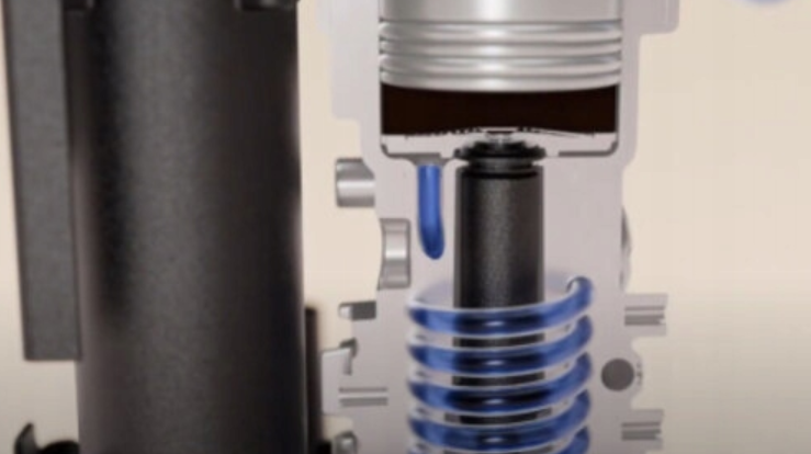 Piston, yay ve sıvı içeren bir mekanizmanın kesiti.