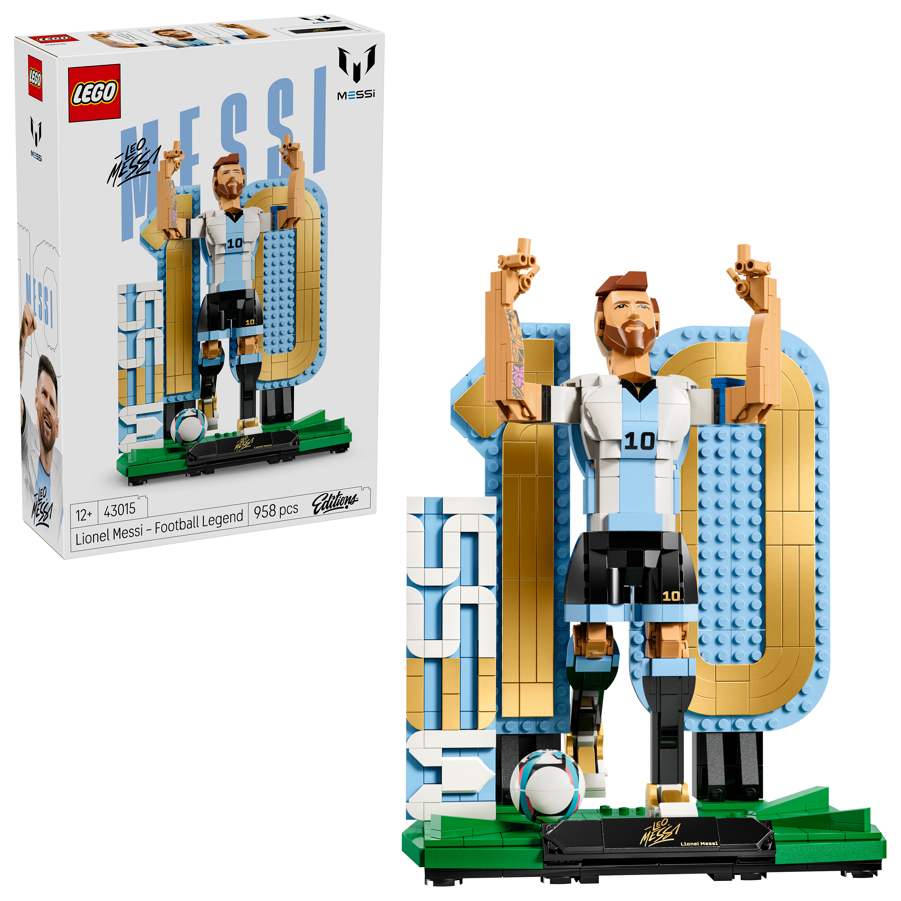 Model LEGO Lionela Messiego w stroju z piłką nożną i herbem "10".