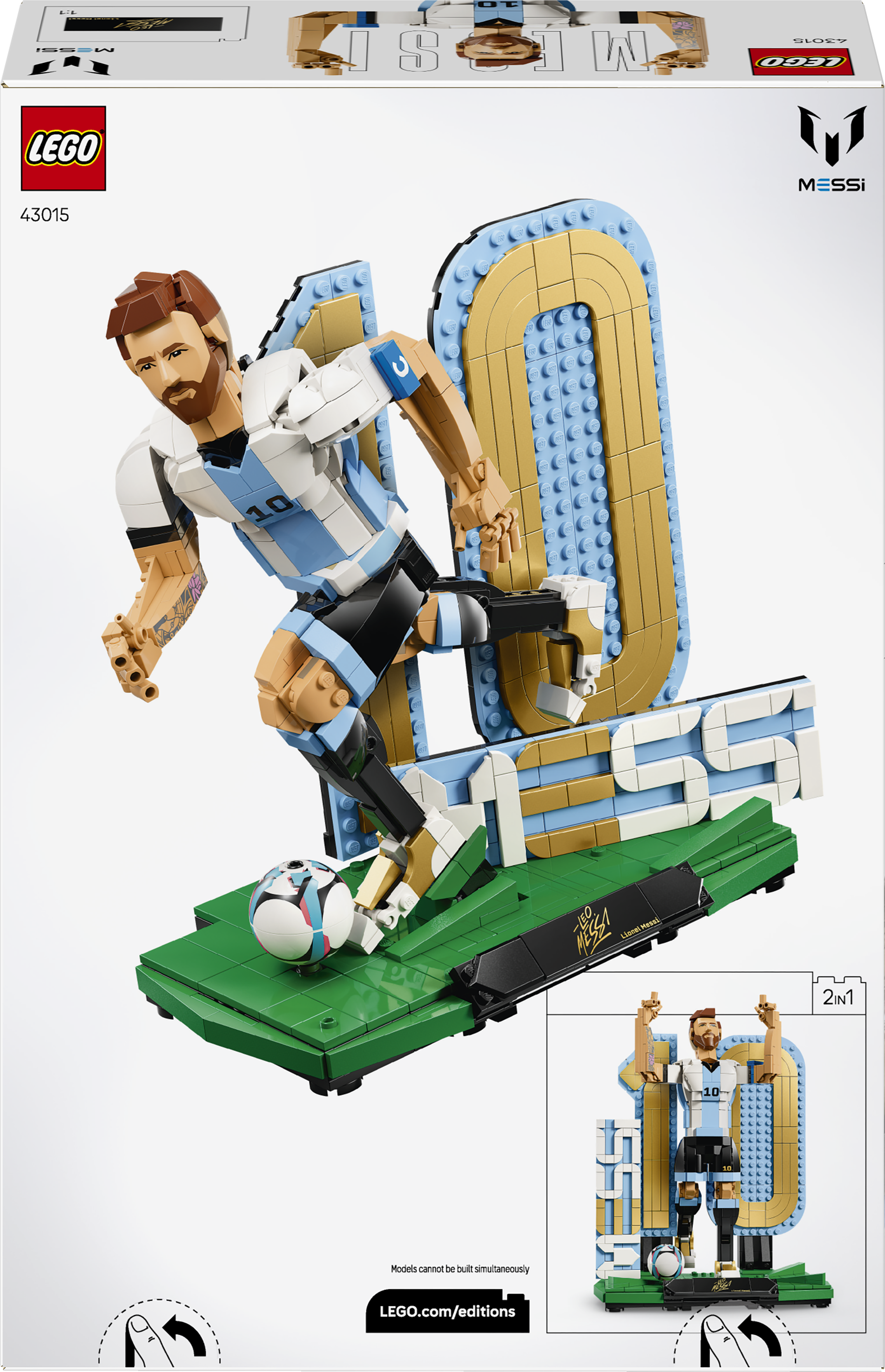 Zestaw LEGO Lionela Messiego w akcji z piłką i napisem "MESSI".