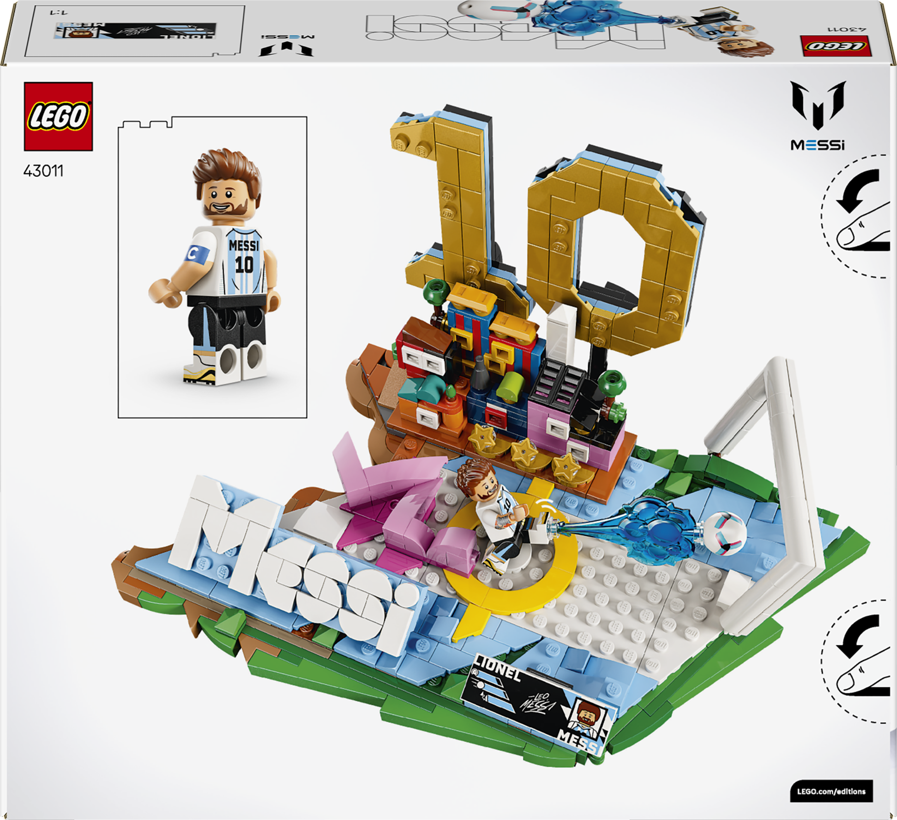 Zestaw Lego z Lionelem Messim, bramką i liczbą 10 z klocków.