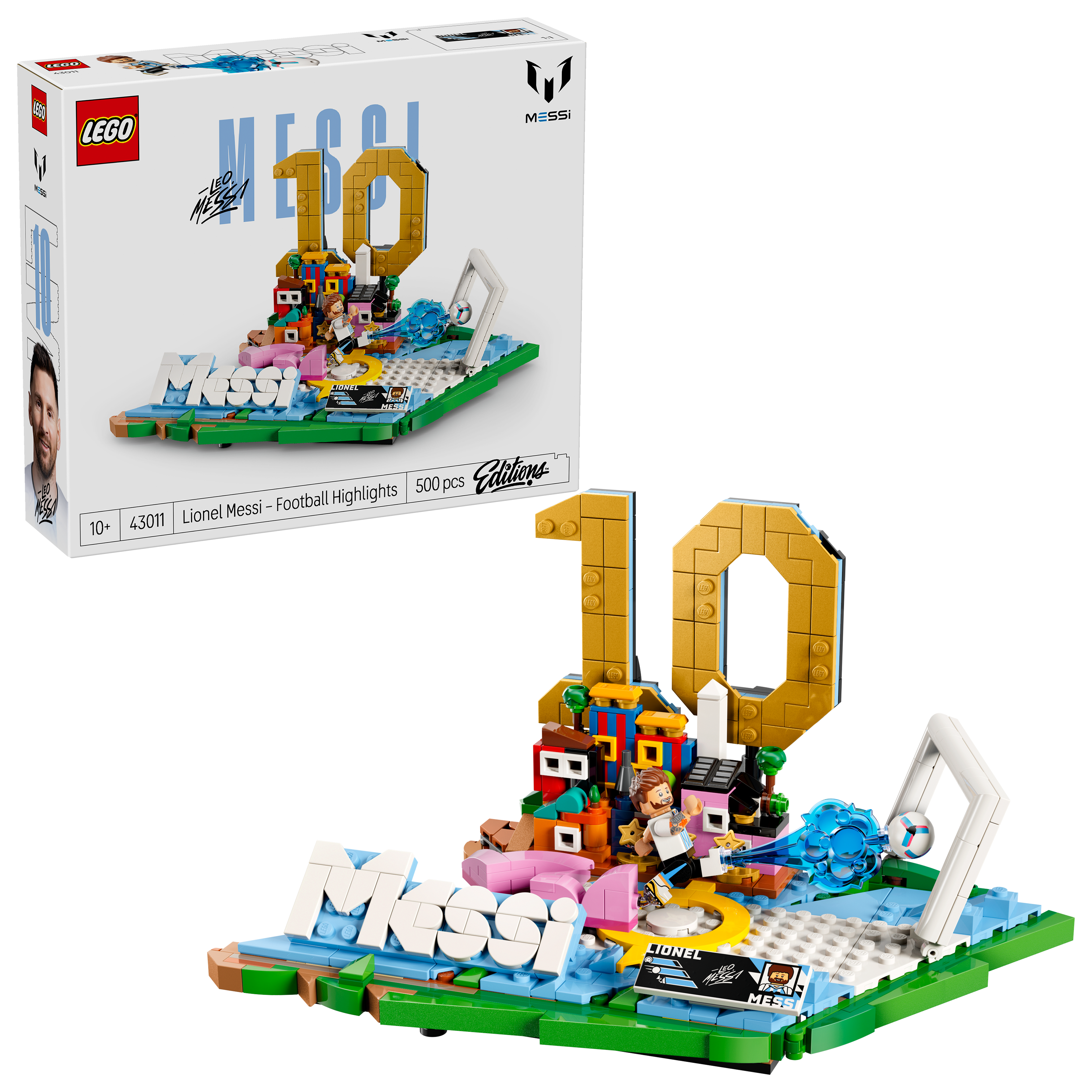 Zestaw LEGO z Lionelem Messim, piłkarskimi "10" i minifigurkami.