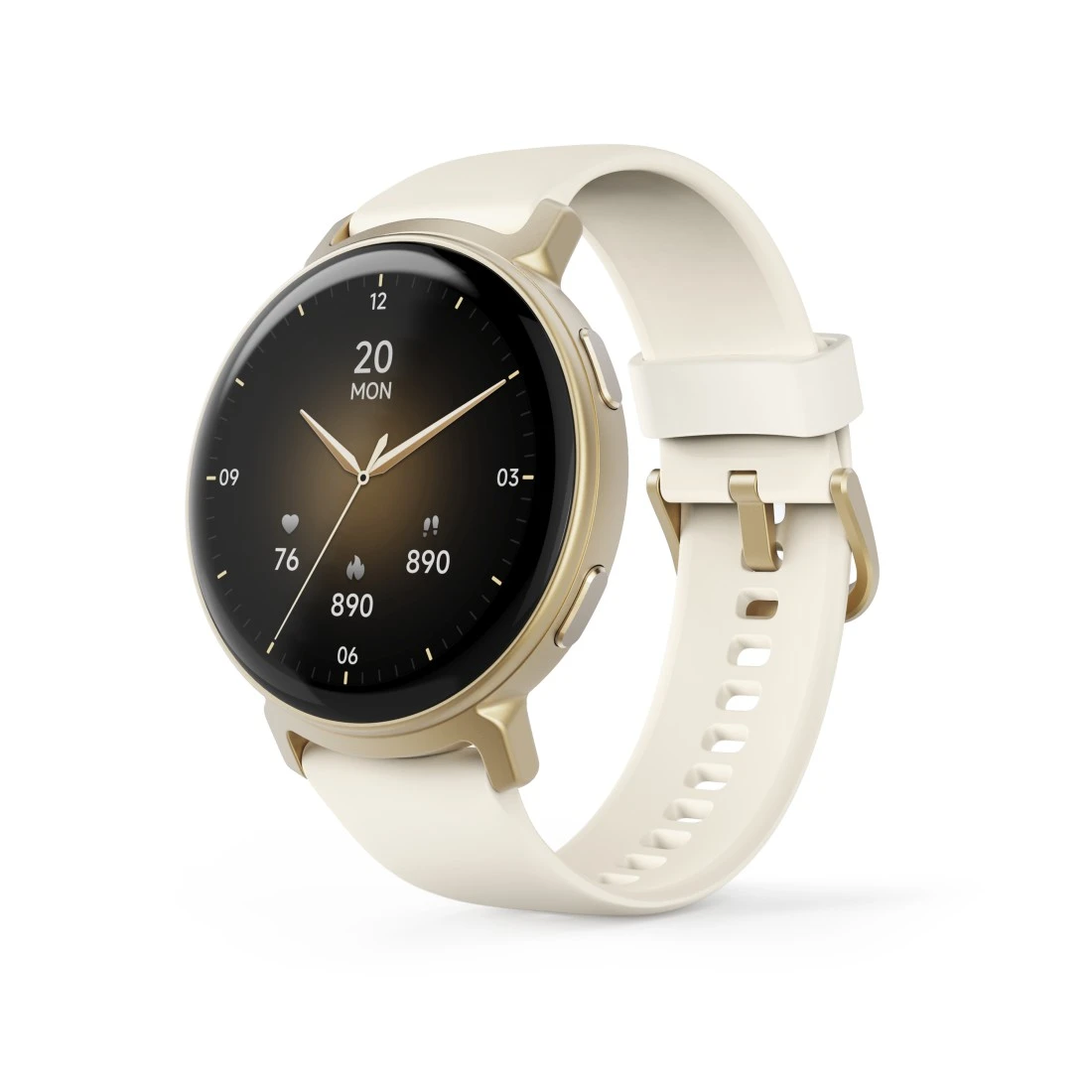 Złoty smartwatch z białym paskiem na białym tle.