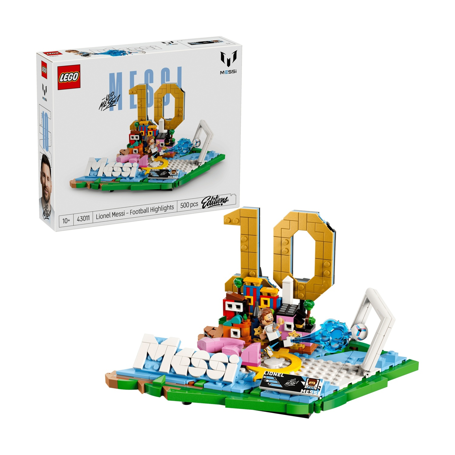 Set LEGO dei momenti salienti del calcio di Lionel Messi, con minifigure, pallone e il numero 10.