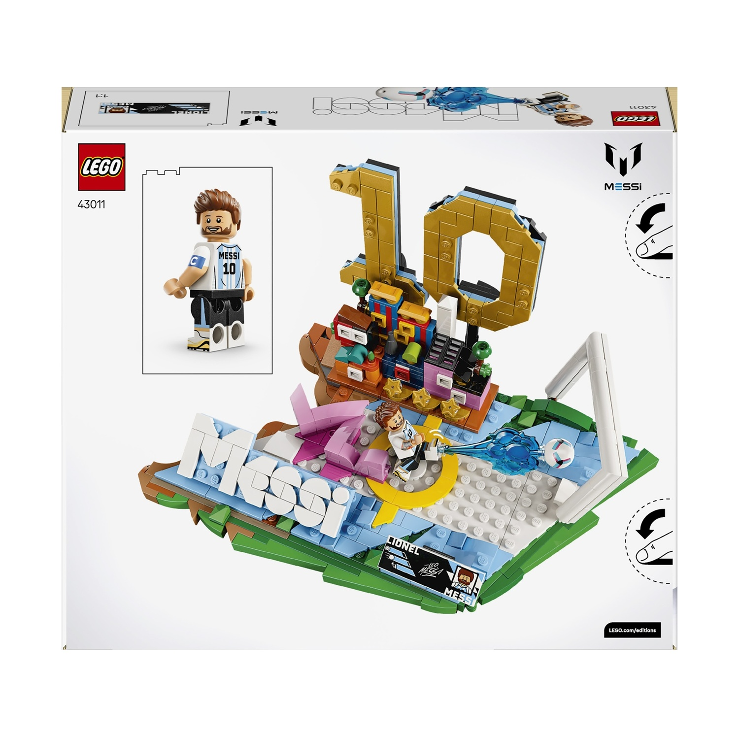 Set LEGO Lionel Messi 10° anniversario con minifiguretta, pallone e porta.