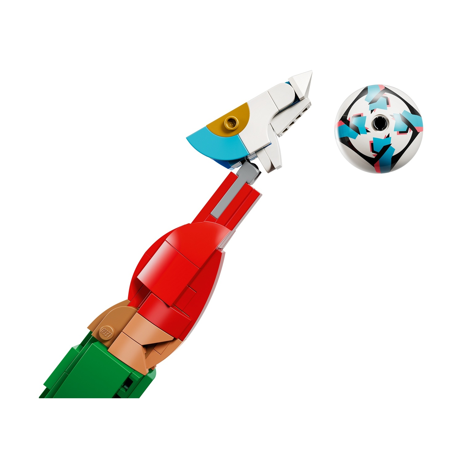 Il braccio di una figura Lego rossa e verde raggiunge un pallone da calcio.