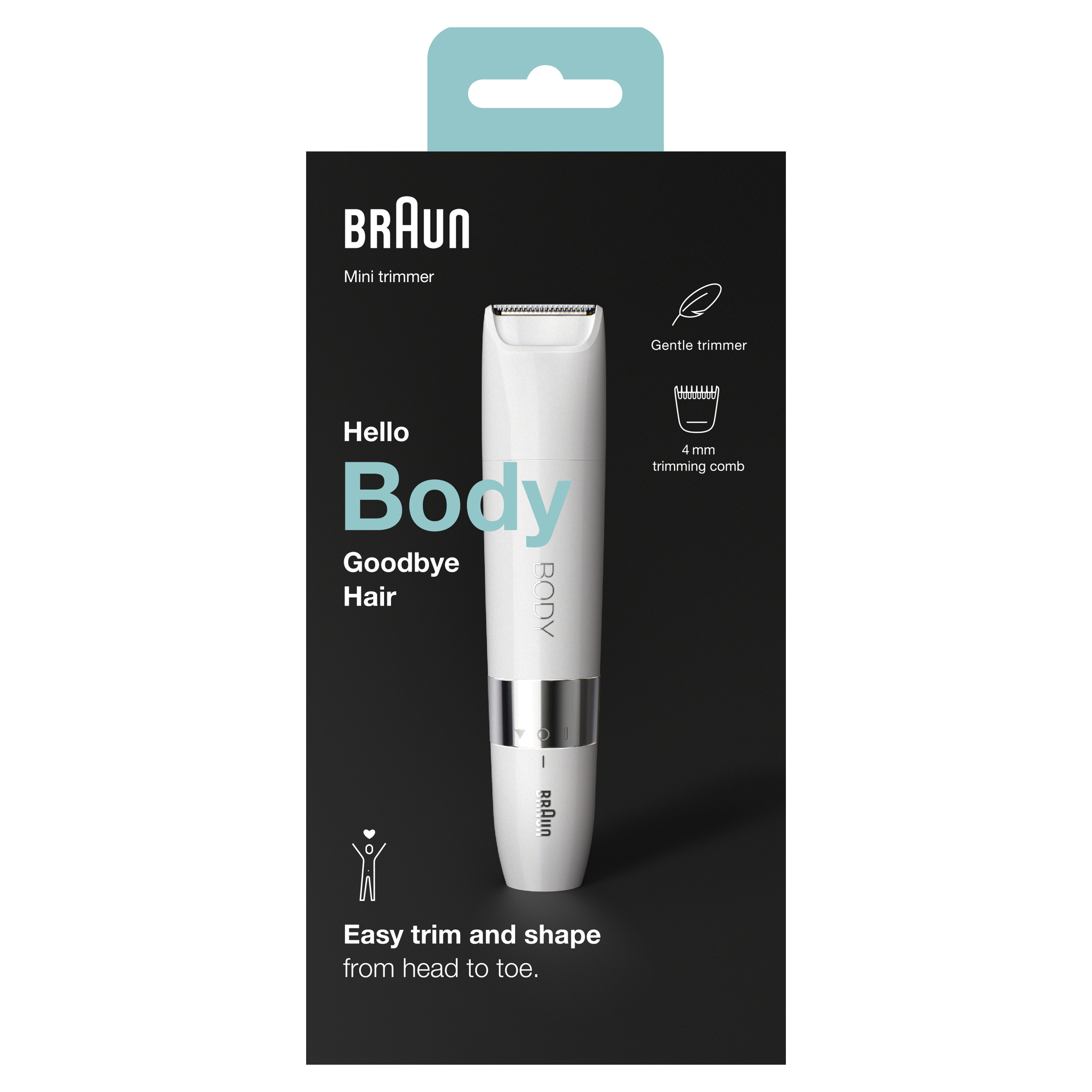 Braun Mini Düzeltici ambalajı, düzeltici resmi ve metni içerir.