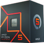AMD Ryzen 5 CPU, turuncu tasarımlı ve AMD logolu koyu kutuda.