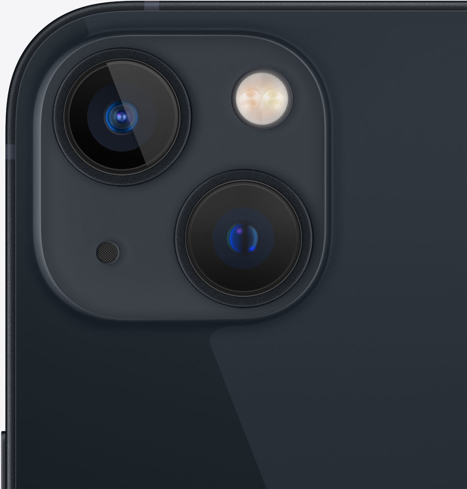 Close-up van een donkere iPhone camera module met twee lenzen en flitser.