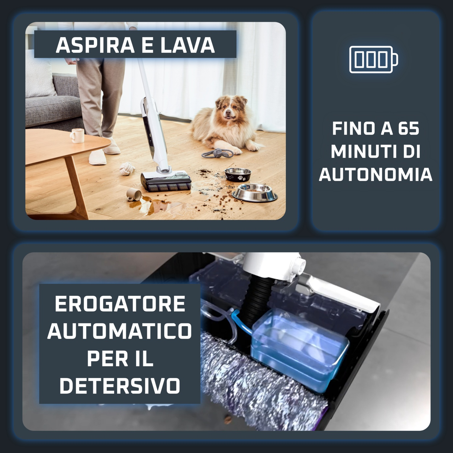 Un cane giace su un pavimento in legno mentre si usa un aspirapolvere.