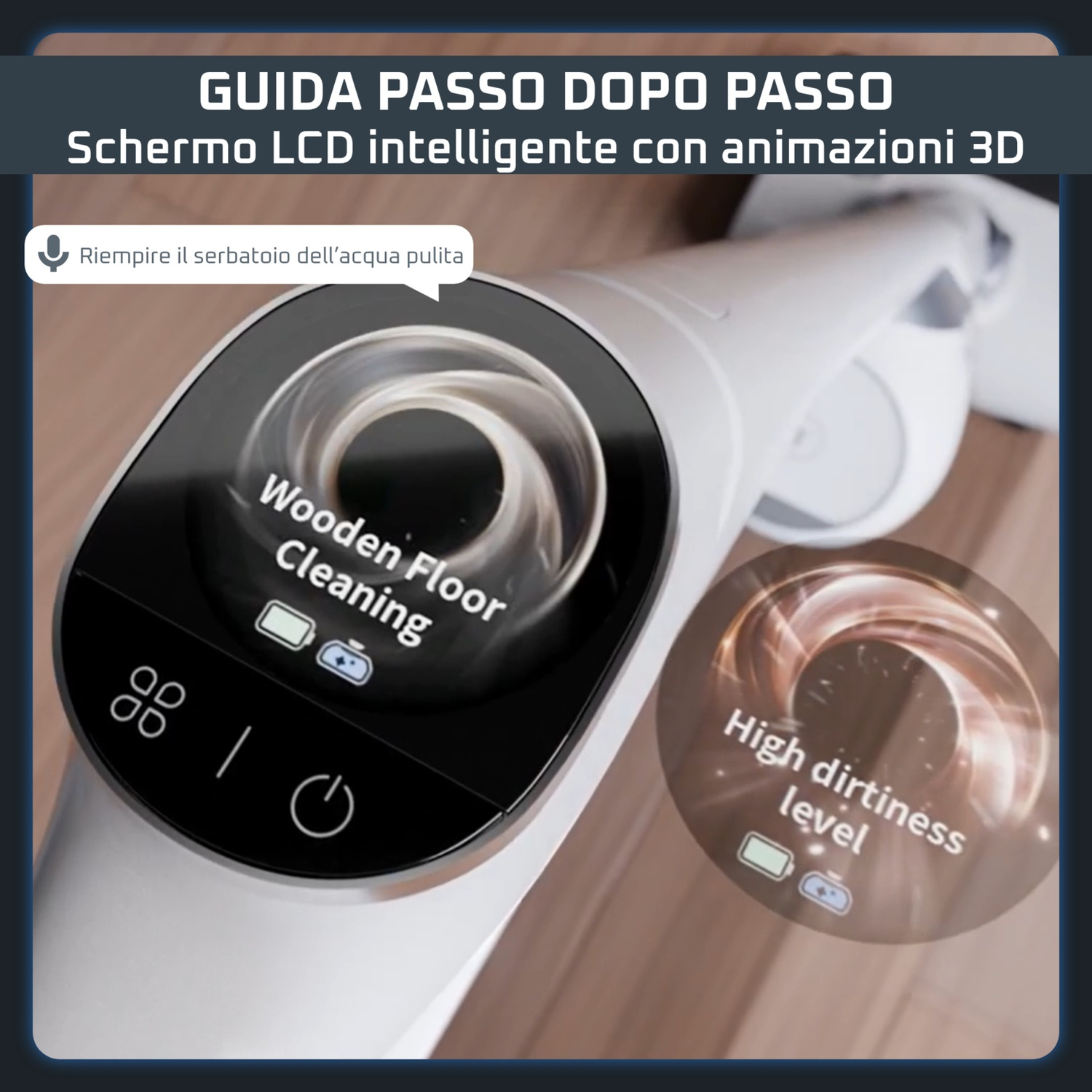 Manico di aspirapolvere bianco con schermo LCD che mostra la modalità di pulizia.