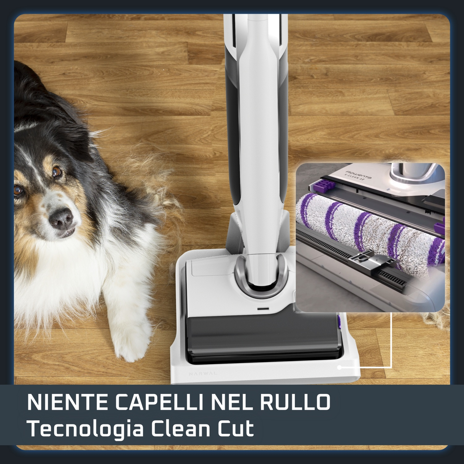 Un cane giace su un pavimento in legno accanto a un pulitore per pavimenti bianco.