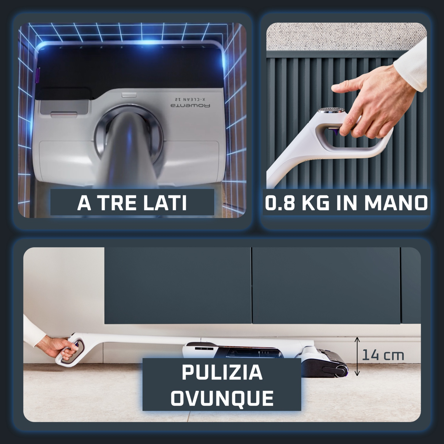 Testina aspirapolvere bianca con griglia, manico da 0,8 kg e area di pulizia stretta da 14 cm.