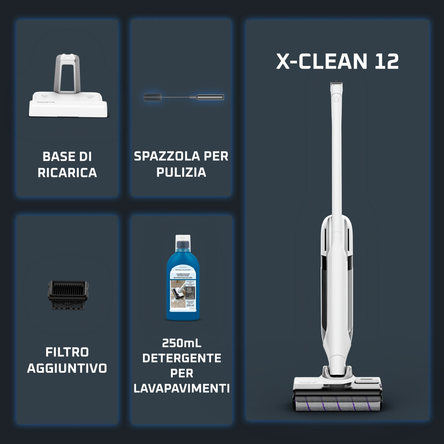 Scopa elettrica bianca con accessori: base ricarica, spazzola, filtro, detergente.