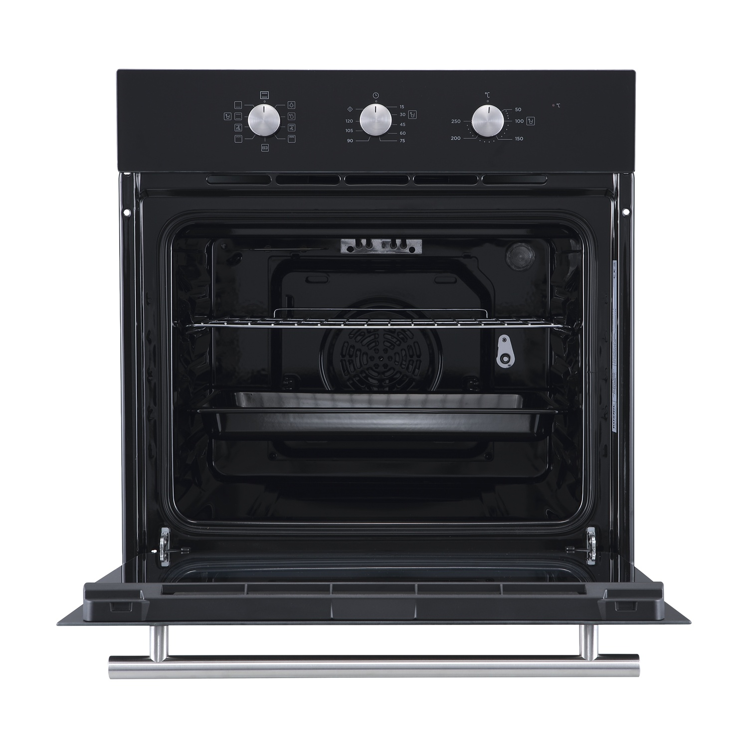 Un forno nero con la porta aperta, che mostra due manopole e una maniglia argentata davanti.