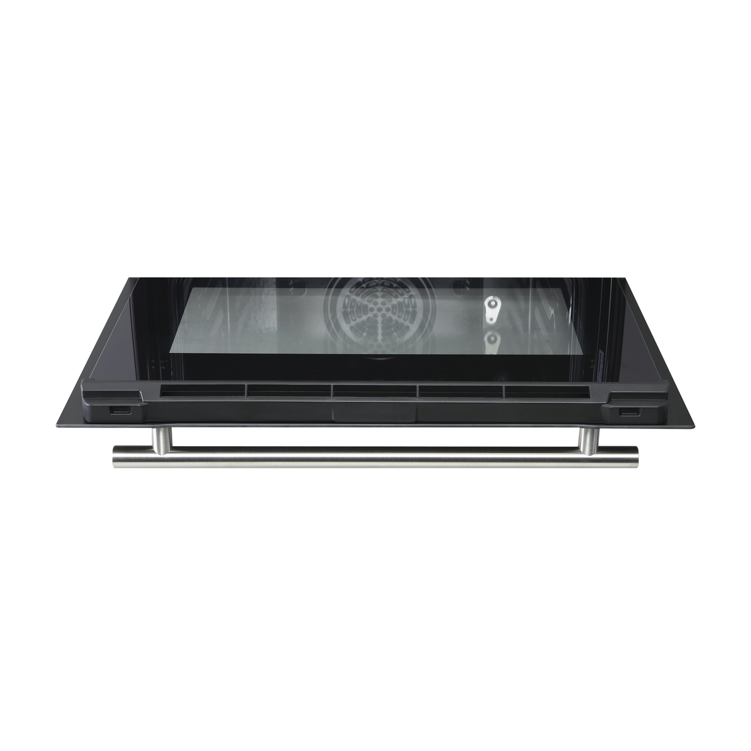 Un forno da incasso moderno con frontale in vetro nero e maniglia in acciaio inox.