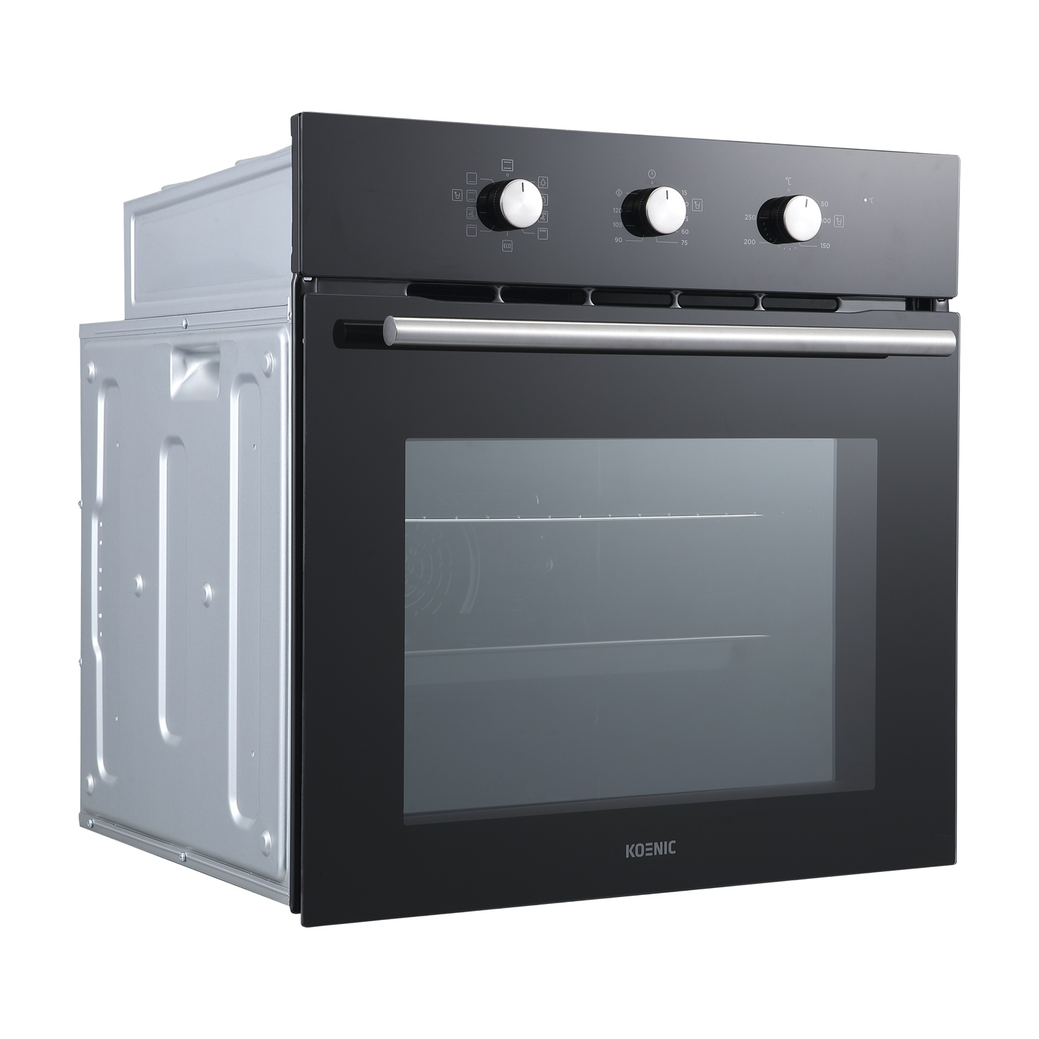 Forno da incasso con frontale nero, porta in vetro e maniglia argentata.