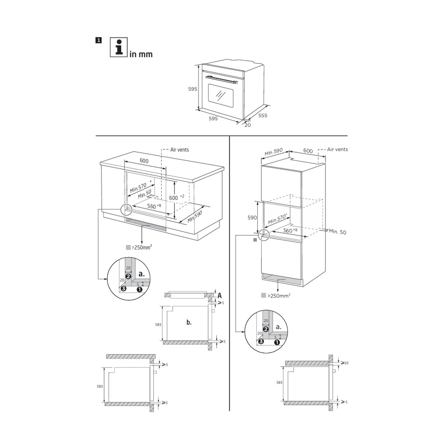 Disegni di installazione per un elettrodomestico da cucina con dimensioni.