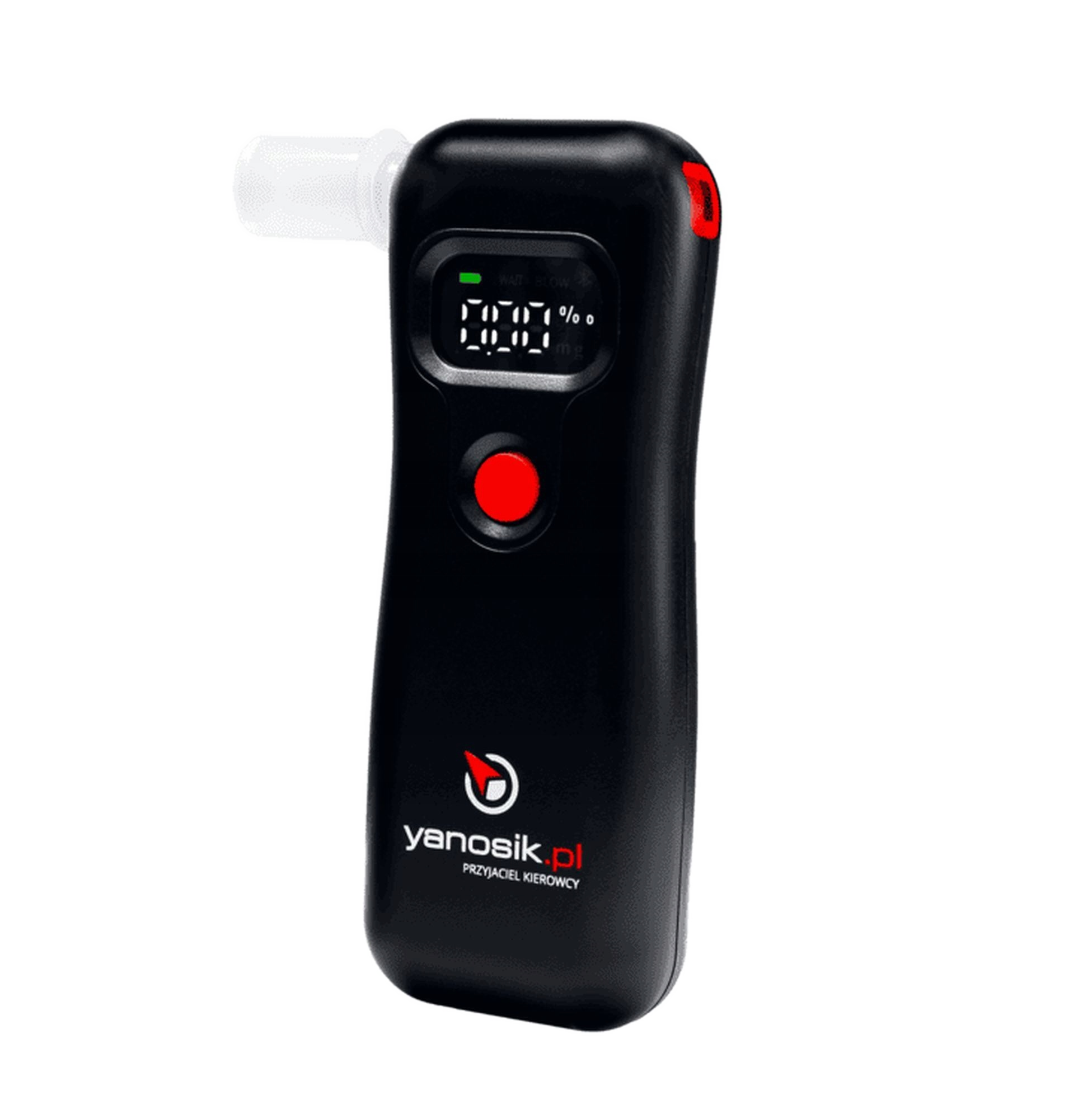 Czarny alkomat z białym ustnikiem i czerwonym przyciskiem.