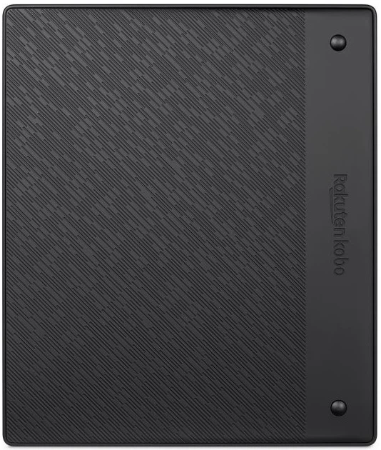 Czarny tył czytnika e-book z rowkowanym wzorem i logo Kobo.