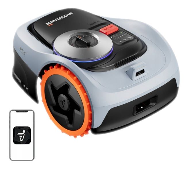Robot koszący Navimow z pomarańczowymi kołami, obok smartfona.