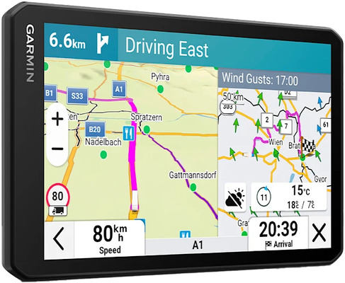 Ekran GPS Garmin pokazuje mapę, trasę, prędkość 80km/h, czas 20:39, temp 15°C.