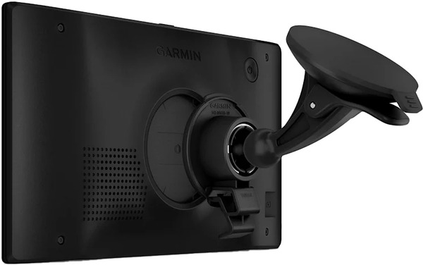 Tył czarnego urządzenia GPS Garmin z mocowaniem na przyssawkę.