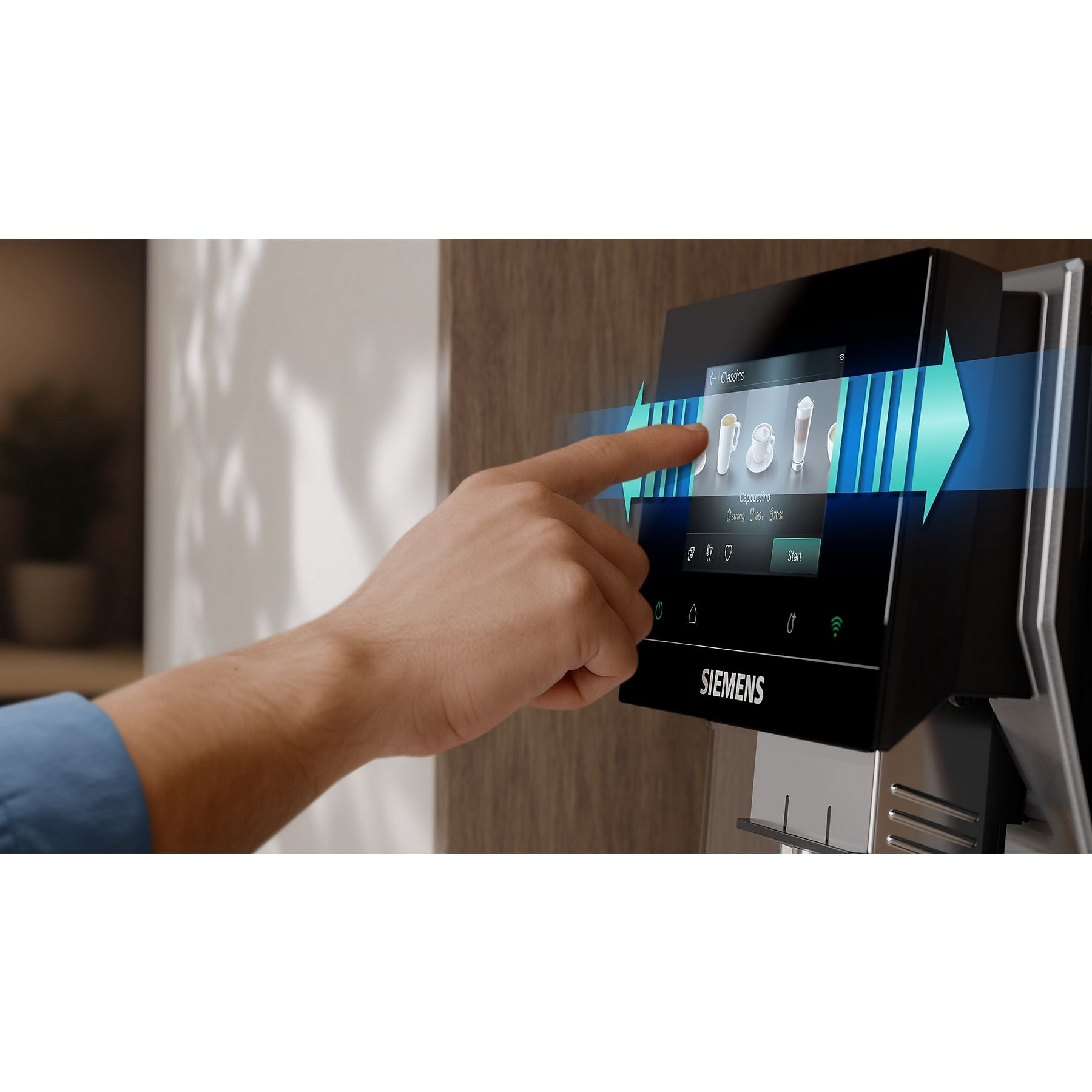 Dłoń obsługuje ekran dotykowy ekspresu do kawy z opcjami napojów.