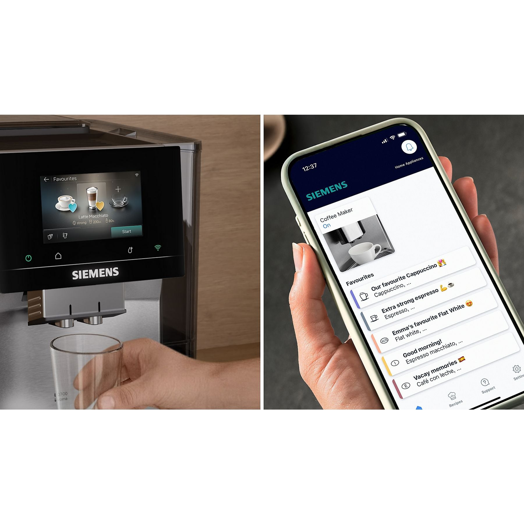 Ekspres do kawy Siemens z ekranem dotykowym i aplikacją na telefon. Napełnianie szklanki.