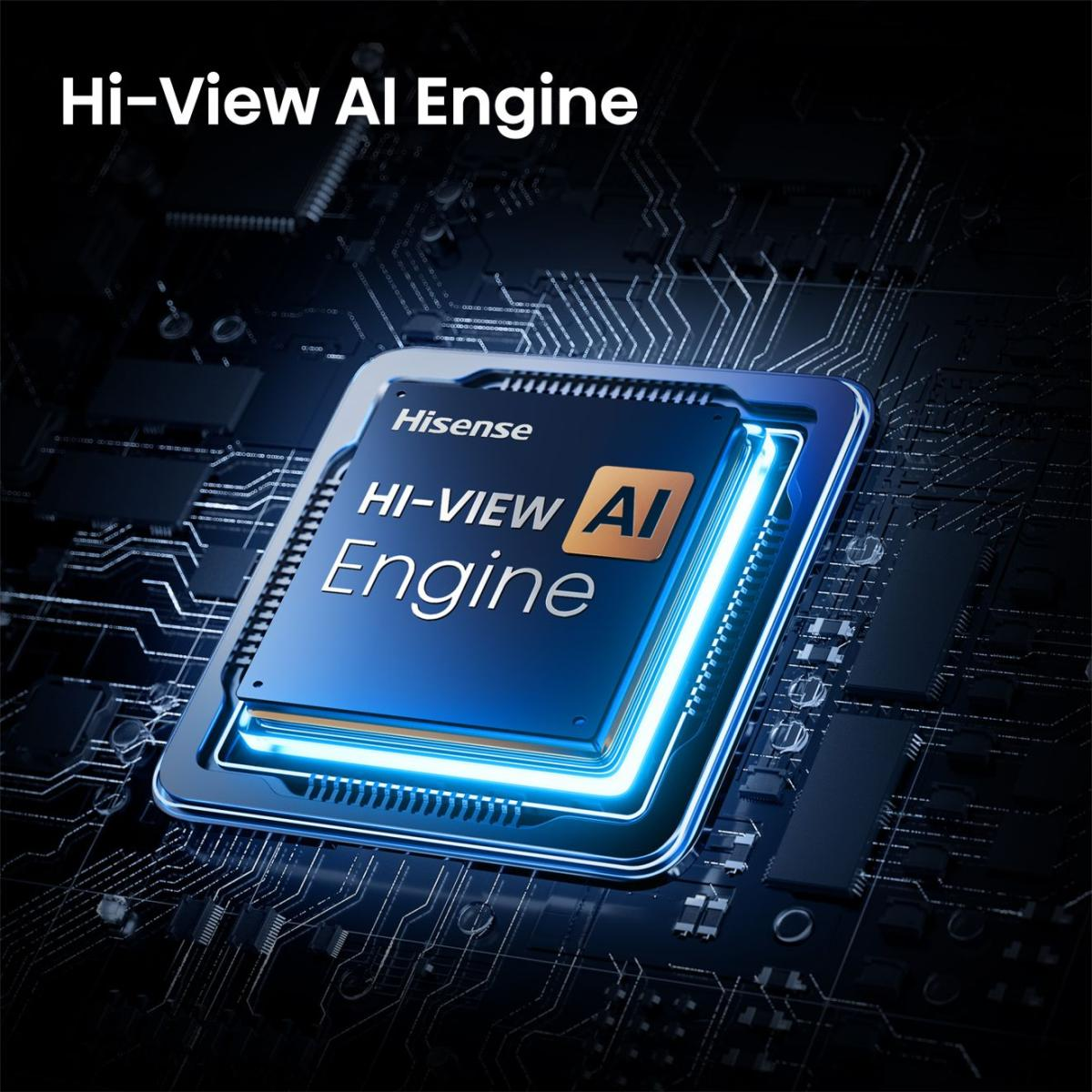 Ein blauer Hisense Hi-View AI Engine Chip leuchtet auf einer dunklen Platine.