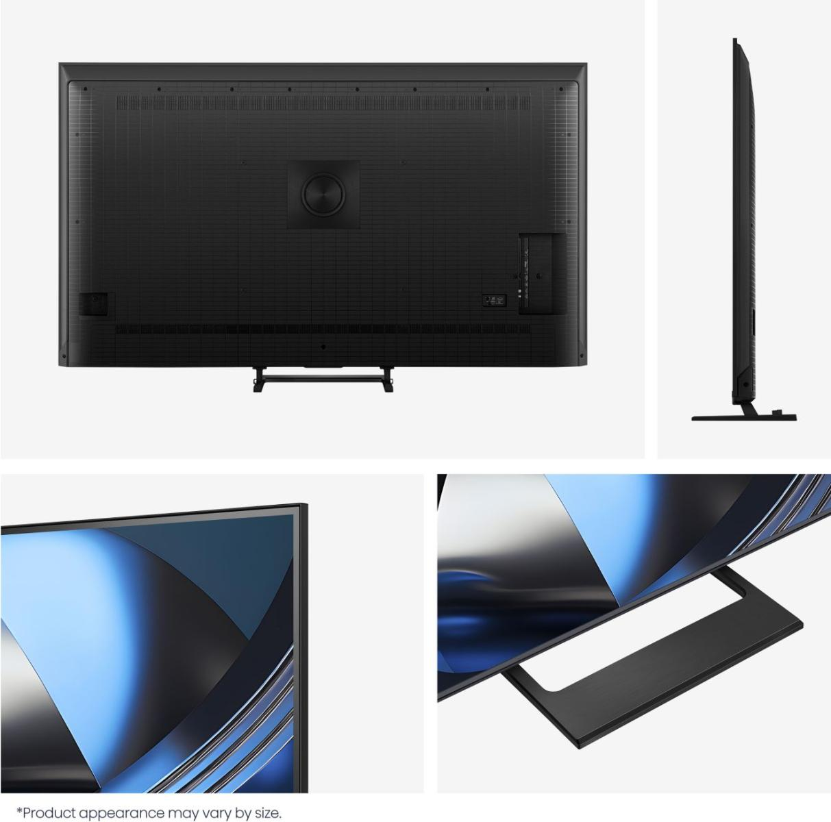 Rückseite und Seitenansicht eines schwarzen Fernsehers mit Standfuß. Detailansichten des Bildschirms.