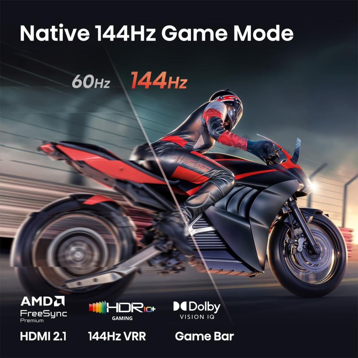 Motorradfahrer im schwarz-roten Anzug rast, Text hebt 144Hz Game Mode hervor.