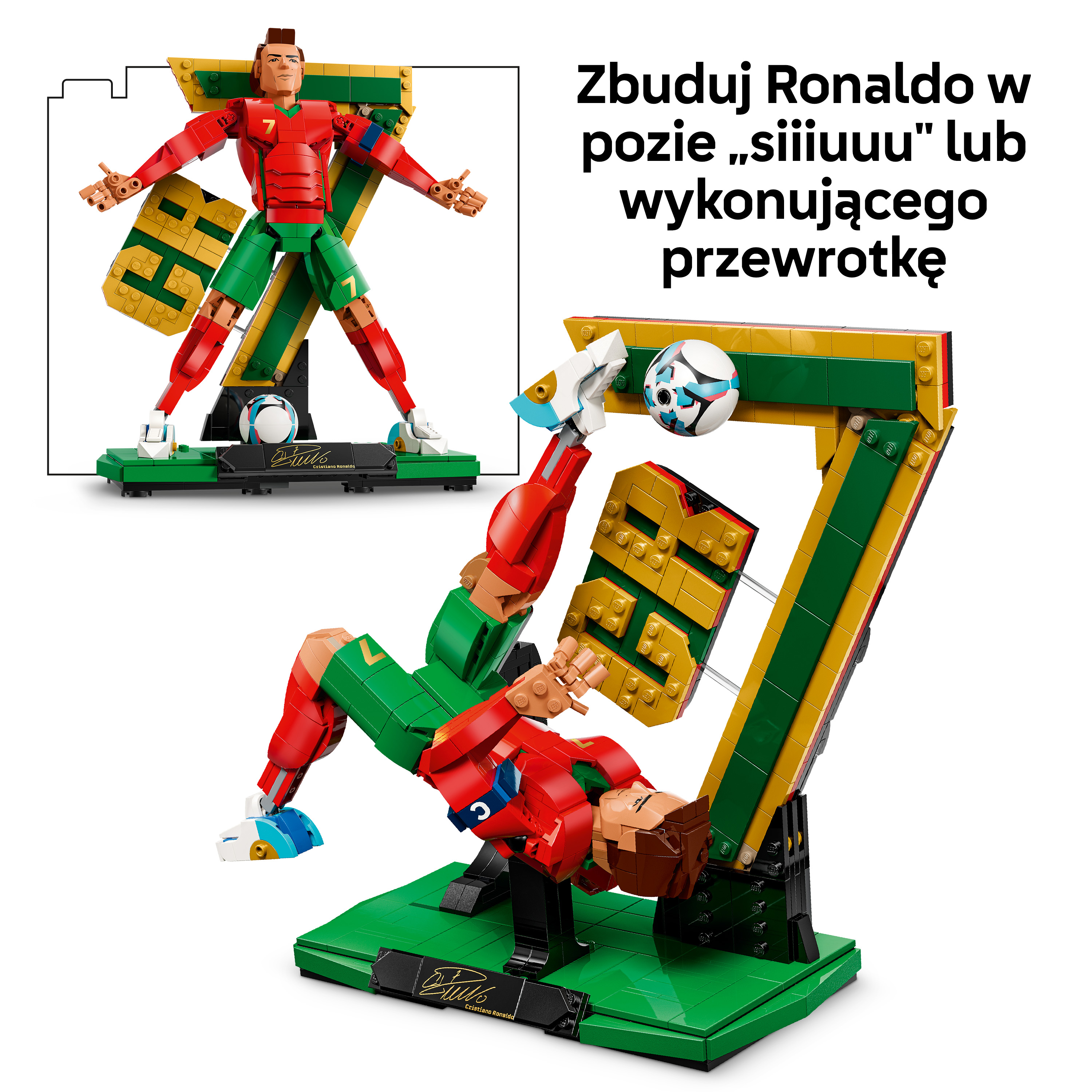 Model Lego Cristiano Ronaldo w czerwono-zielonym stroju, wykonujący pozę piłkarską.