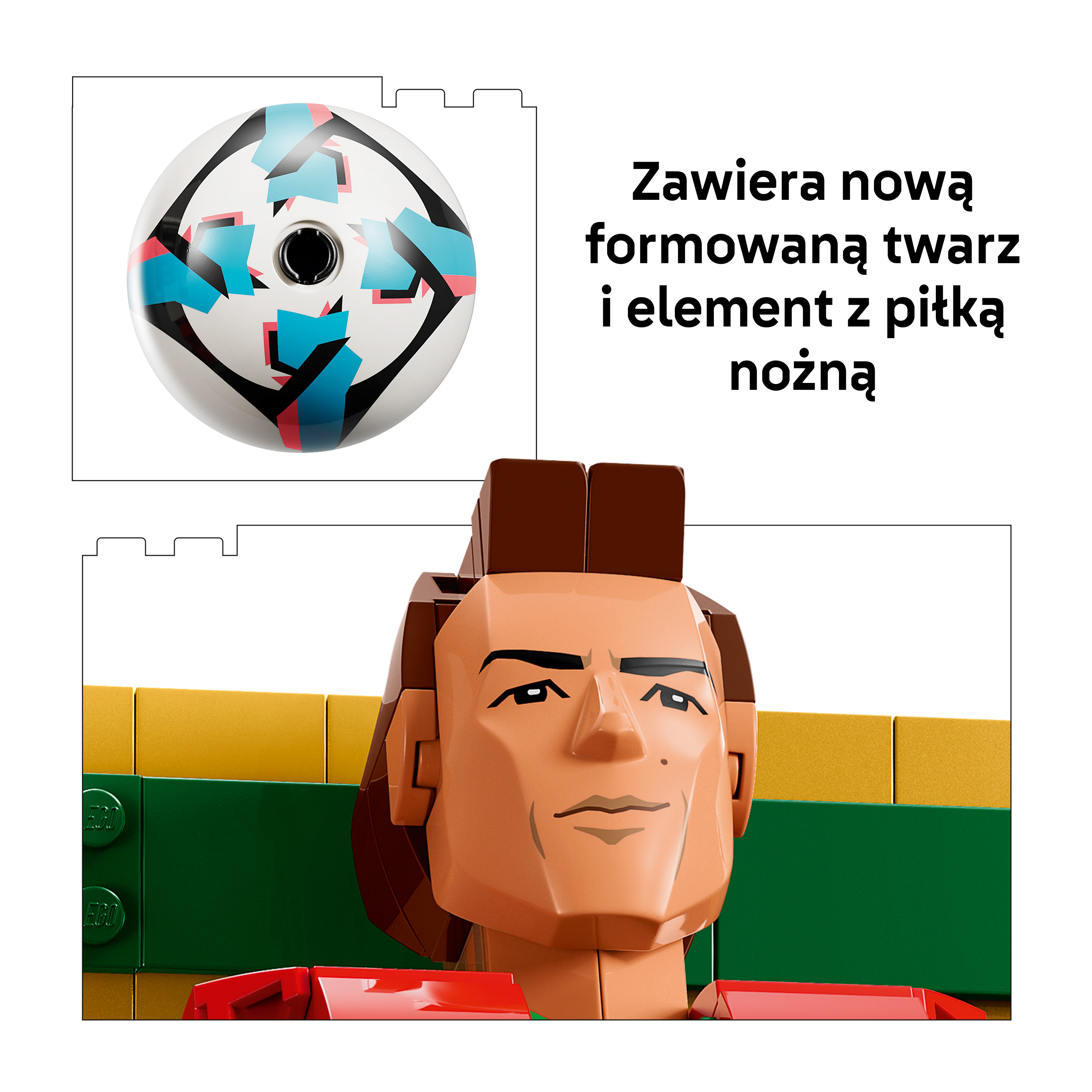 Piłka Lego z geometrycznym wzorem i głowa Lego.