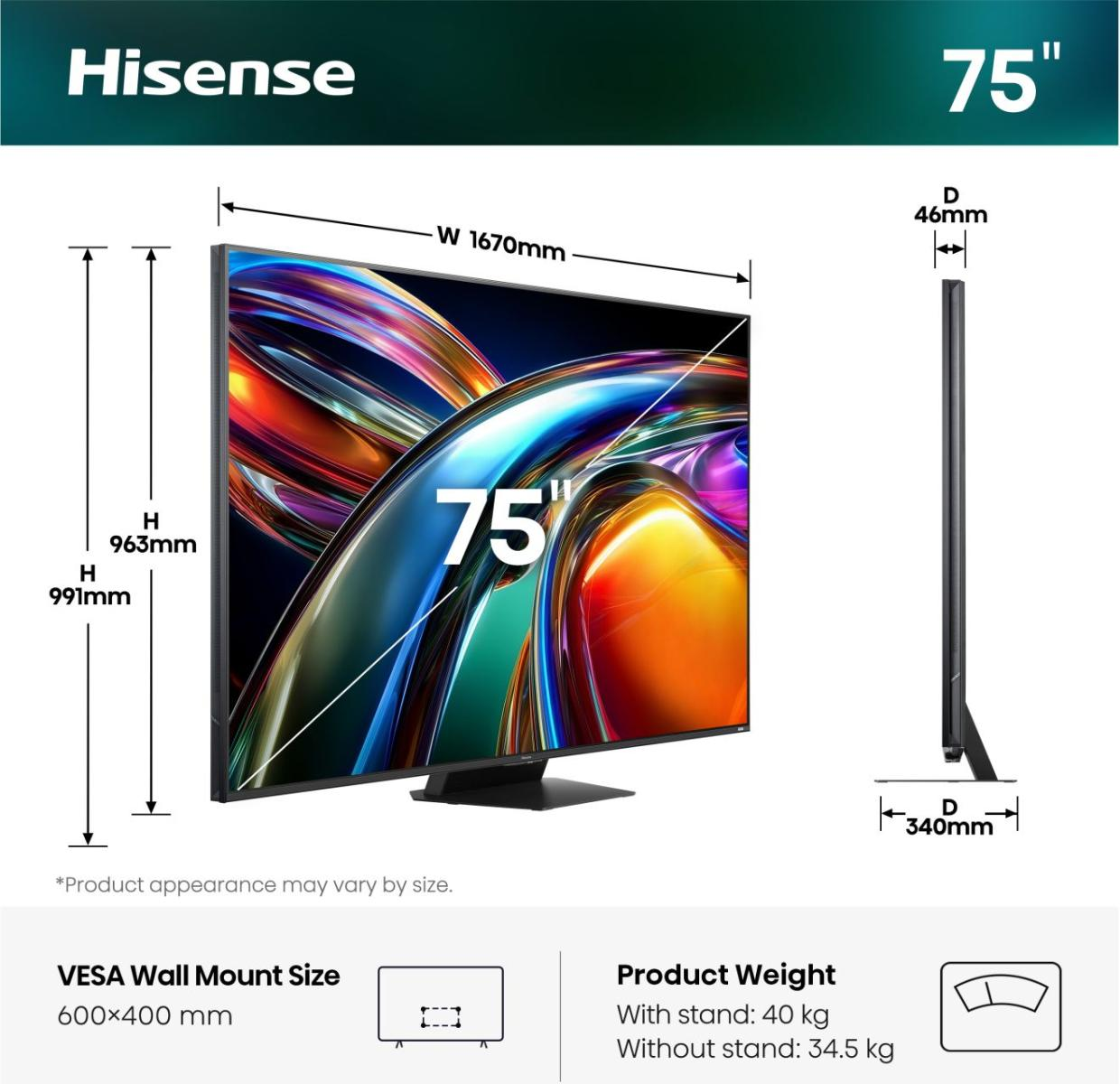 Telewizor Hisense 75 cali z wymiarami i wagą.