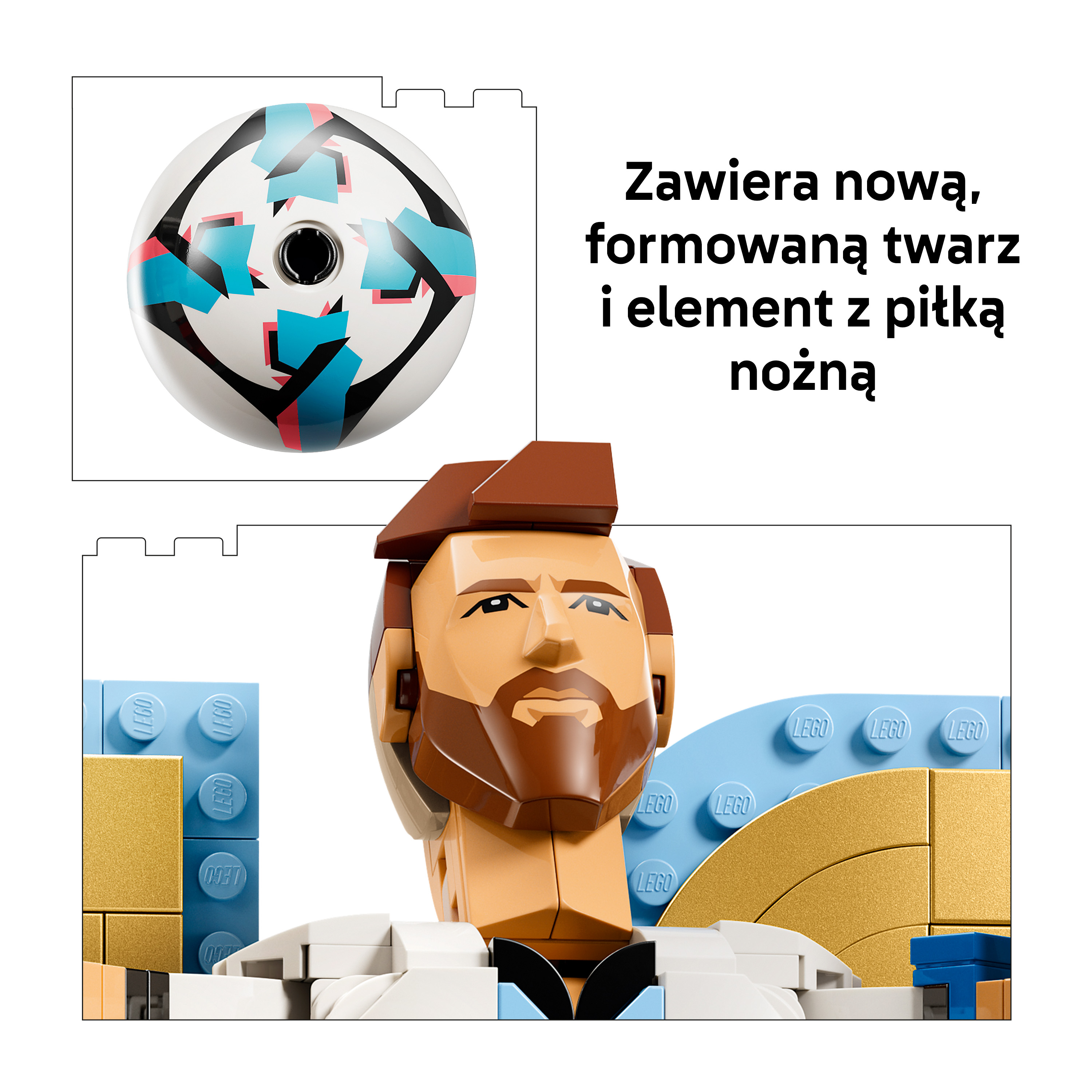 Piłka Lego i portret Lego Lionela Messiego.