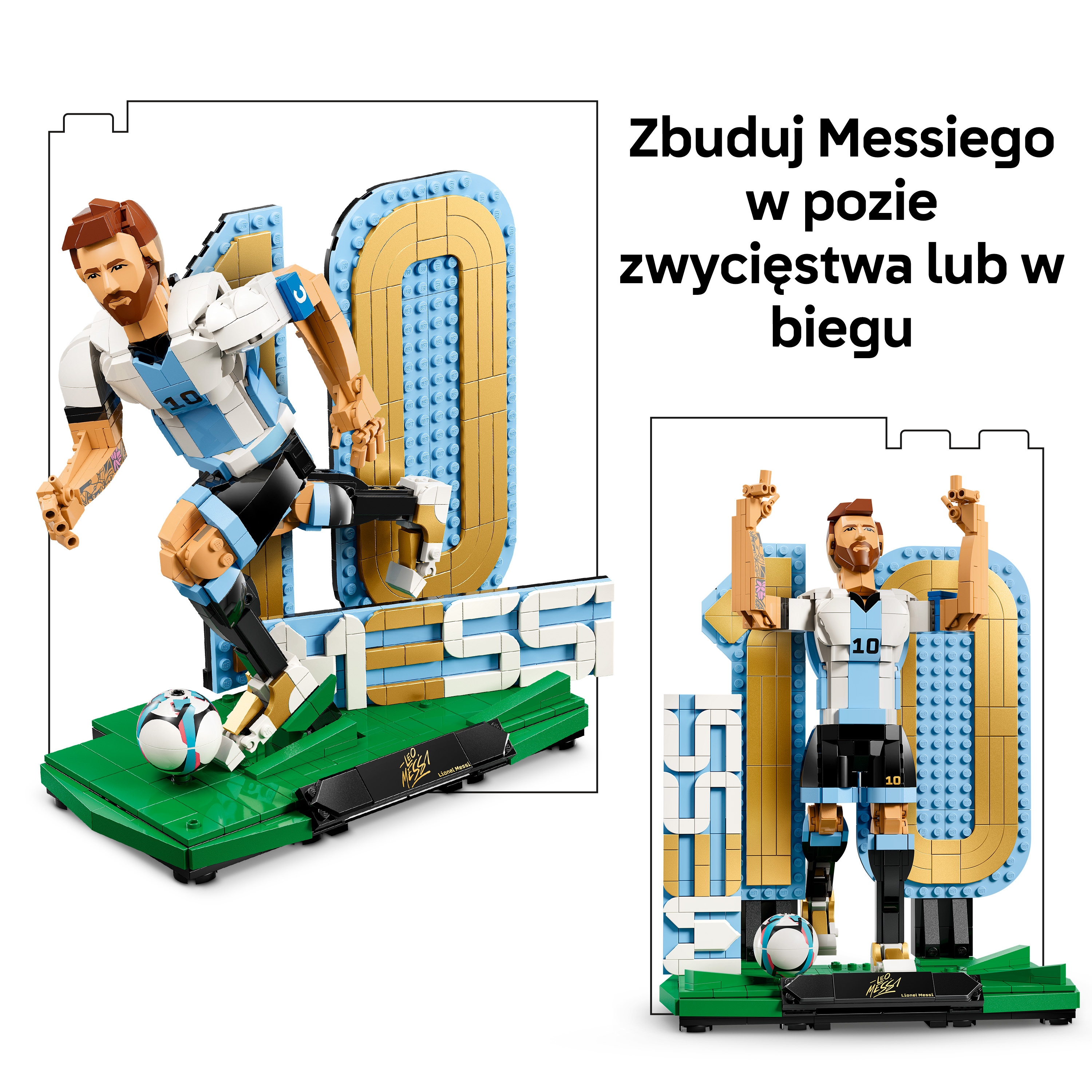 Figurki LEGO Lionela Messiego, jedna w pozie zwycięstwa, druga w biegu.