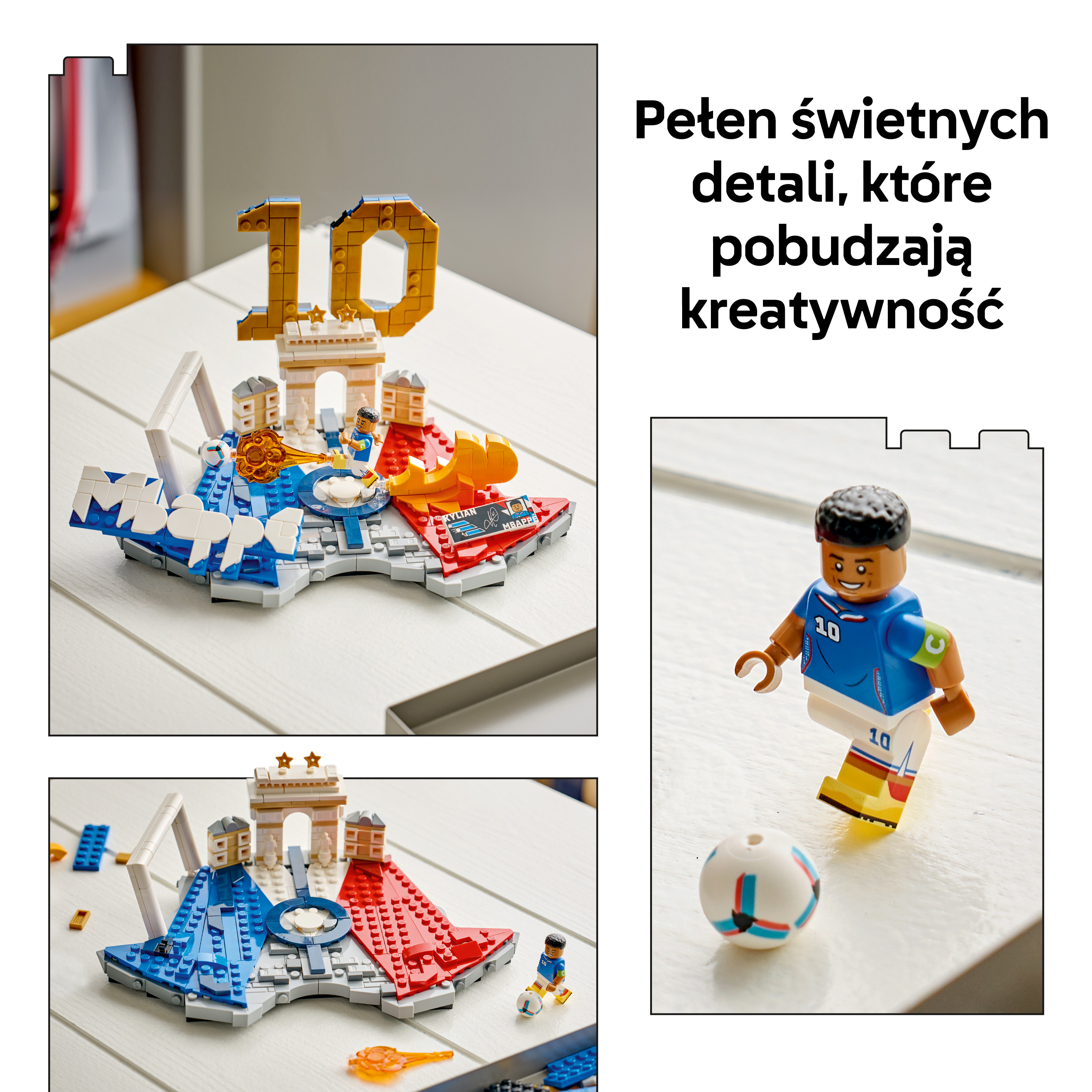 Zestaw piłkarski Lego z Mbappe, bramką i piłką na białym stole.