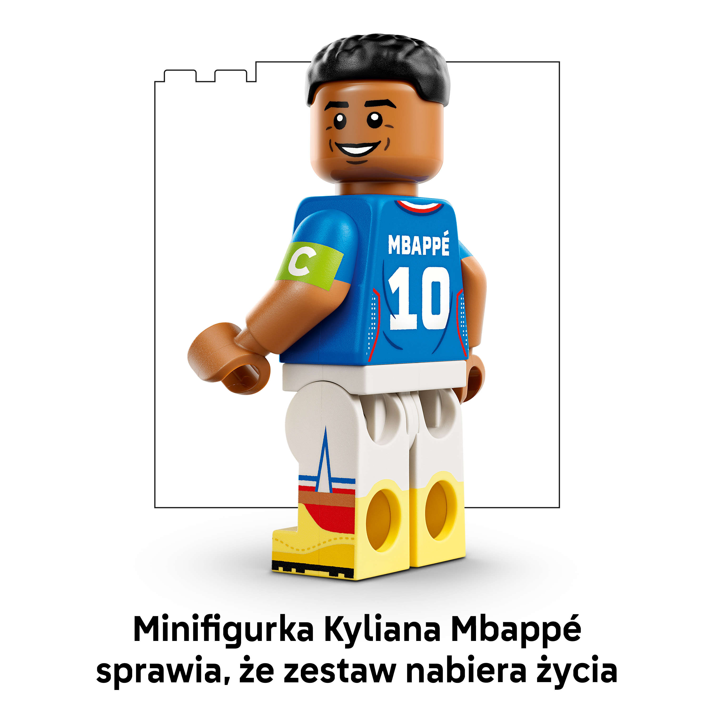 Figurka Lego Kyliana Mbappé w niebieskim stroju piłkarskim z numerem 10.