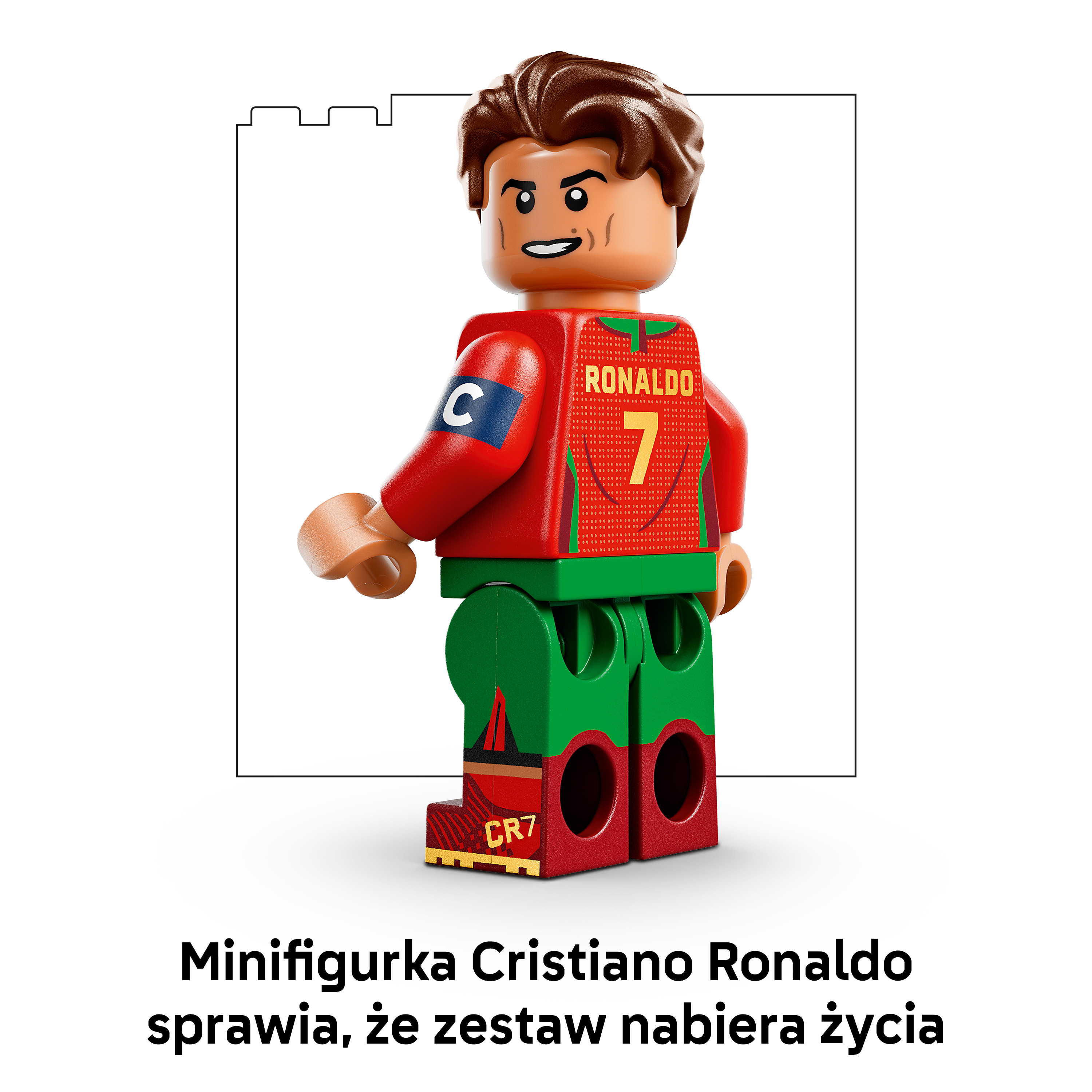 Minifigurka Lego Cristiano Ronaldo w stroju czerwono-zielonym z numerem 7.